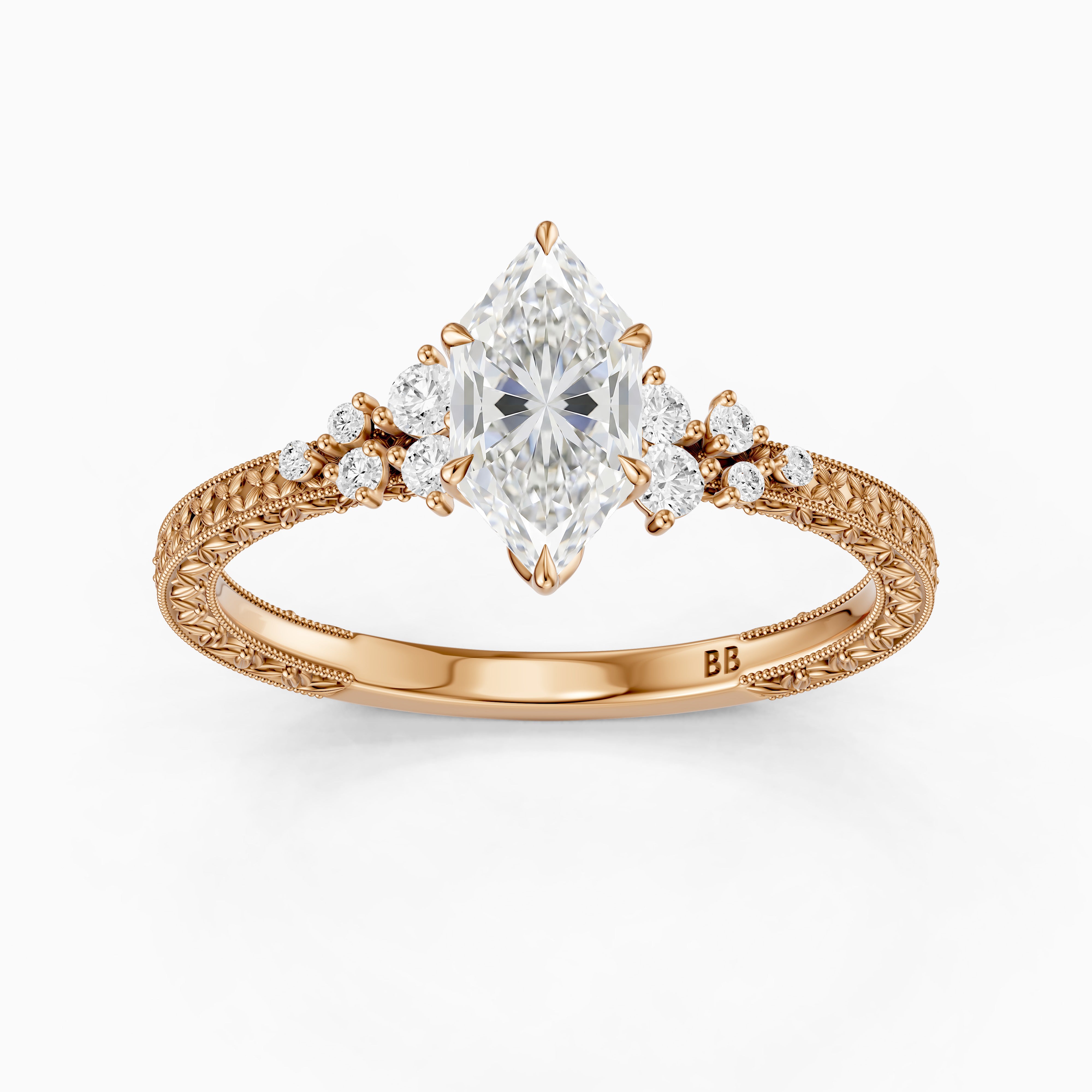 Briar Dutch Marquise Moissanite Diamond Vintage Ring with Milgrain Band
