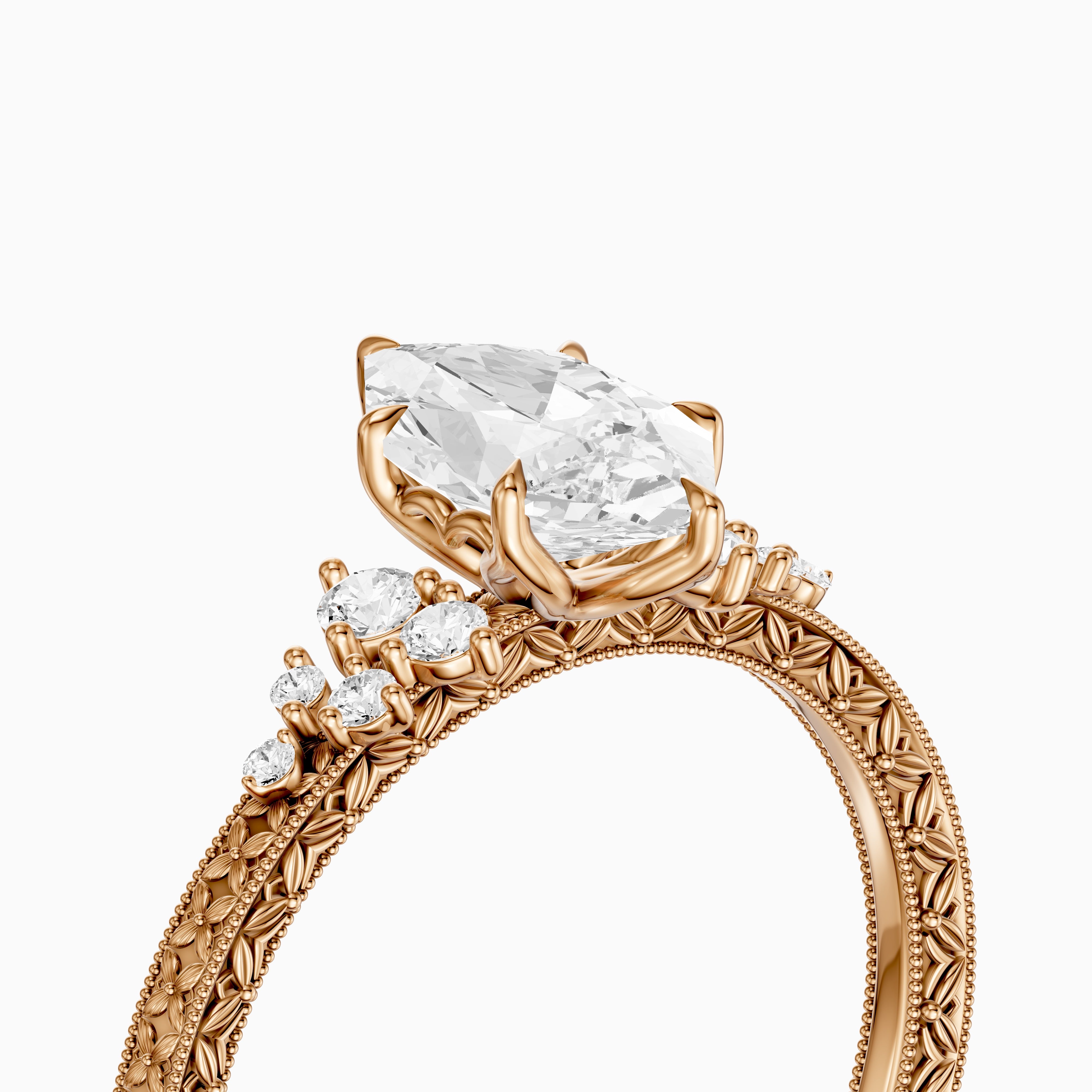 Briar Dutch Marquise Moissanite Diamond Vintage Ring with Milgrain Band