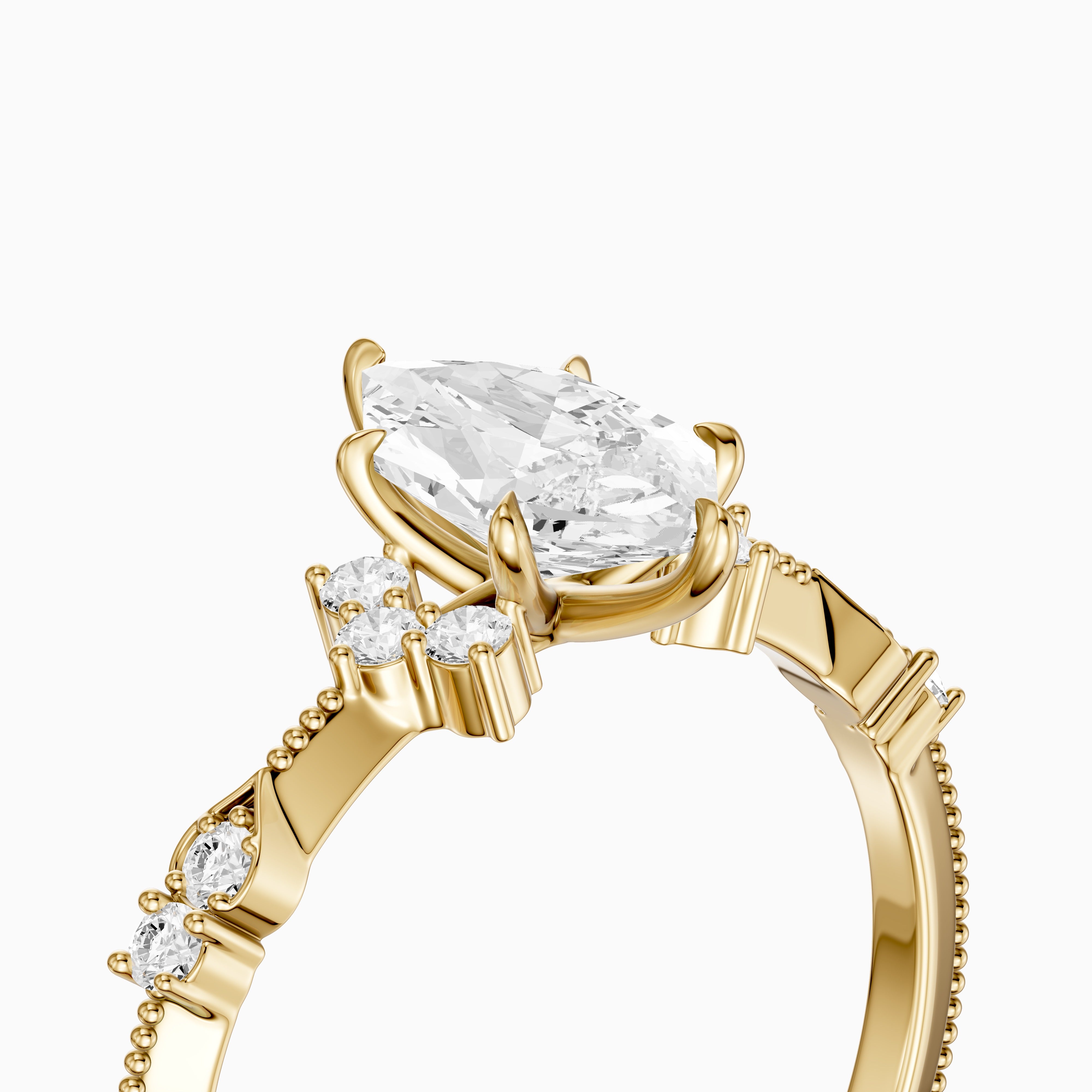 Jessa Dutch Marquise Moissanite Diamond Ring with Cluster Side Stones and Vintage Band