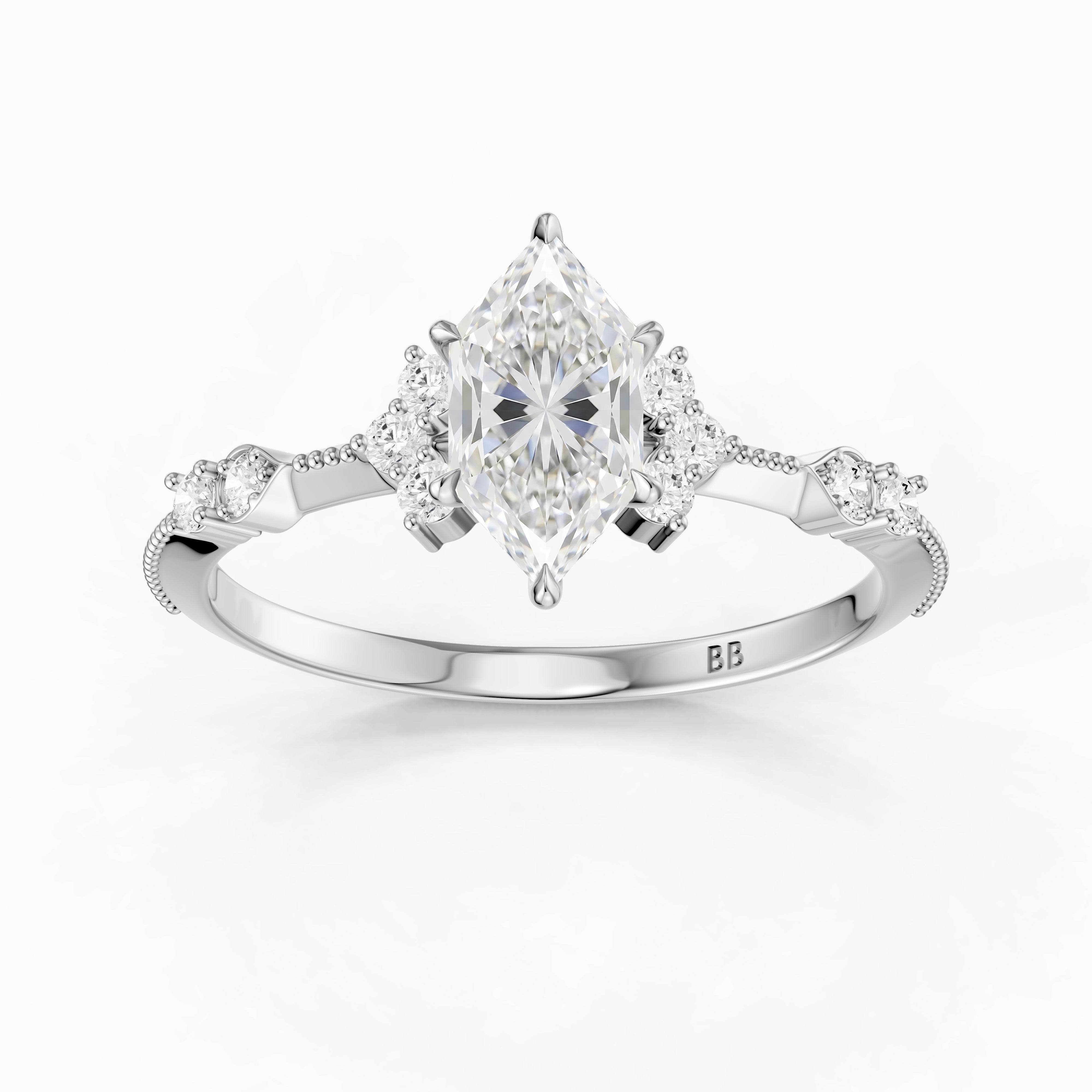 Jessa Dutch Marquise Moissanite Diamond Ring with Cluster Side Stones and Vintage Band