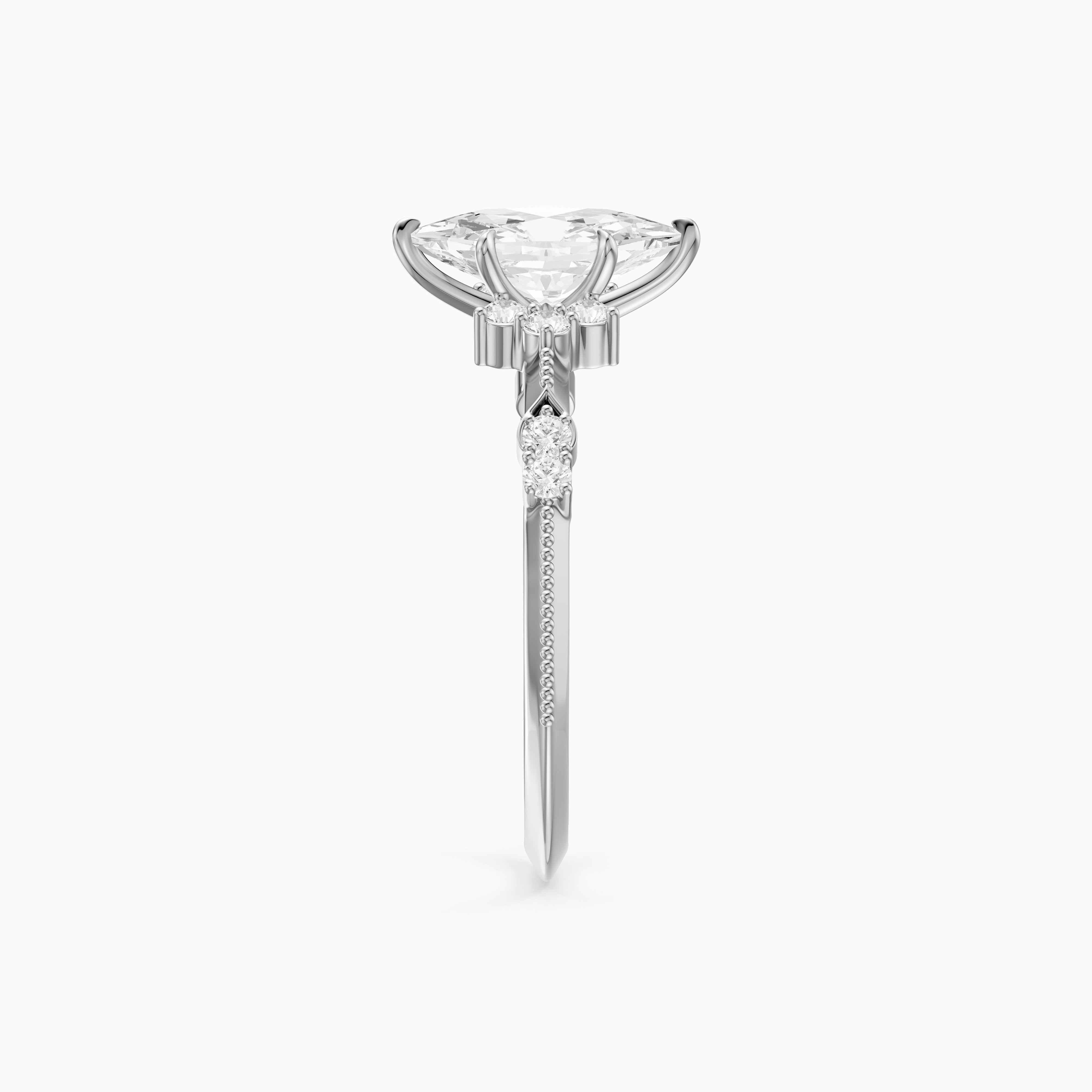 Jessa Dutch Marquise Moissanite Diamond Ring with Cluster Side Stones and Vintage Band