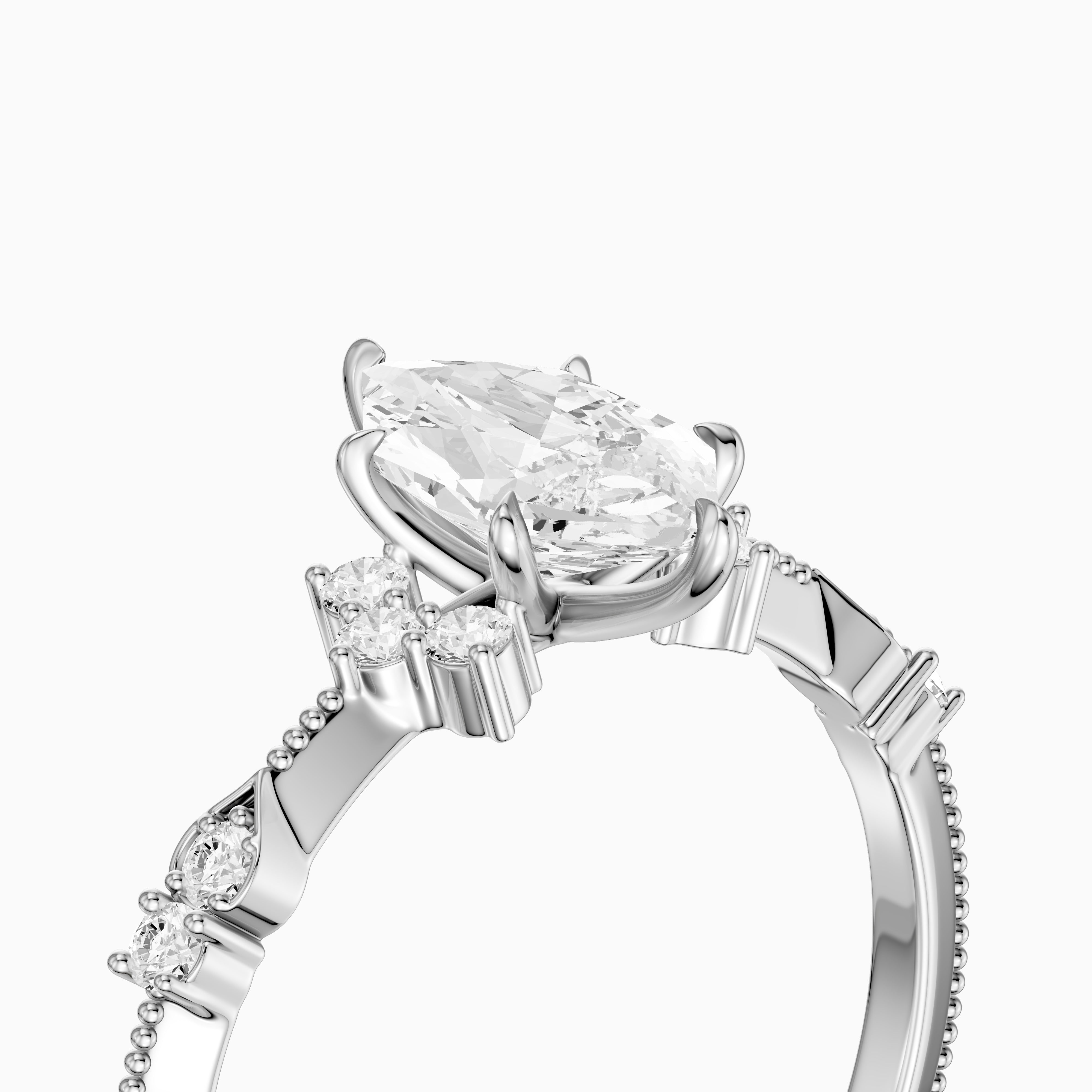 Jessa Dutch Marquise Moissanite Diamond Ring with Cluster Side Stones and Vintage Band