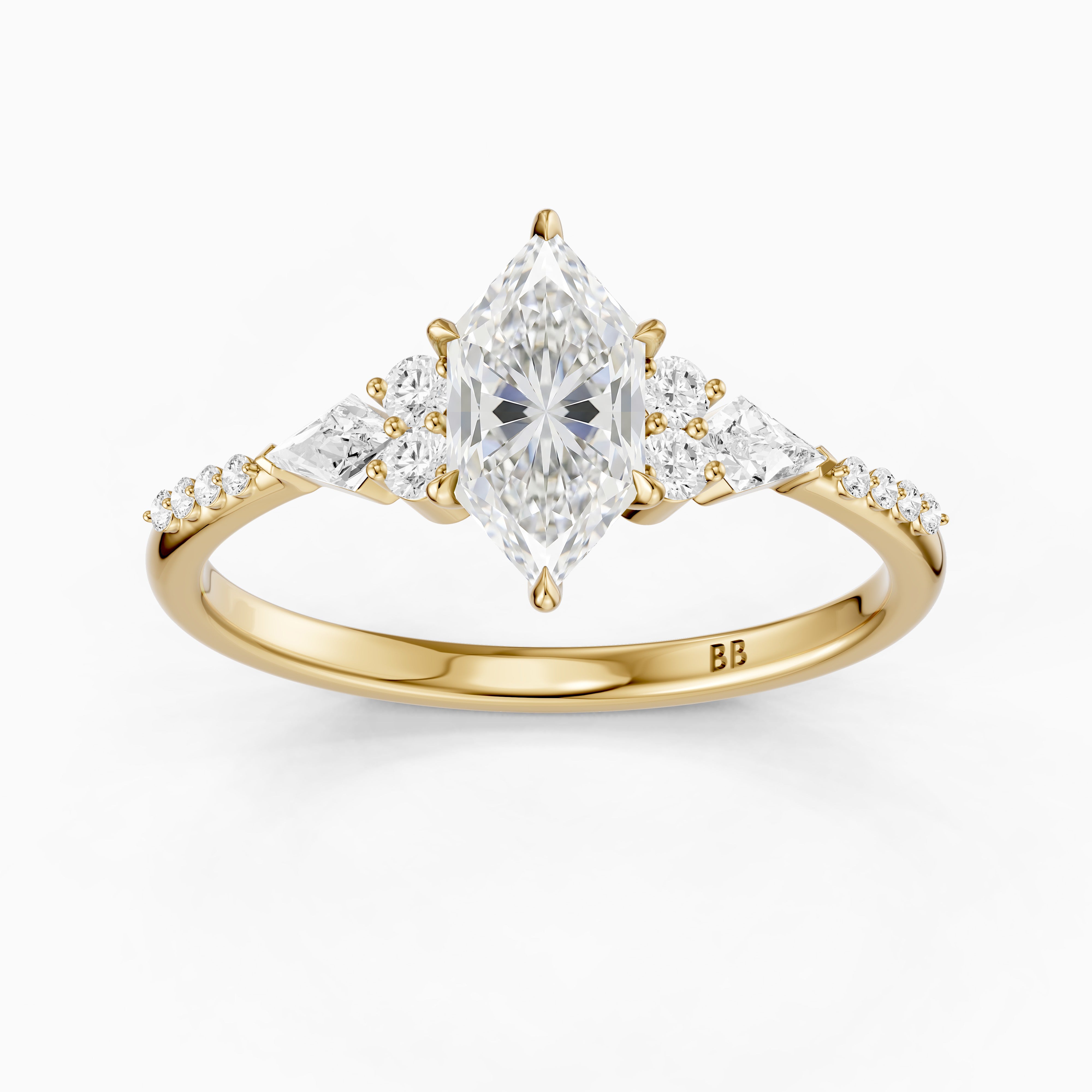 Kara Dutch Marquise Cut Moissanite Diamond Ring with Round and Kite Side Stones