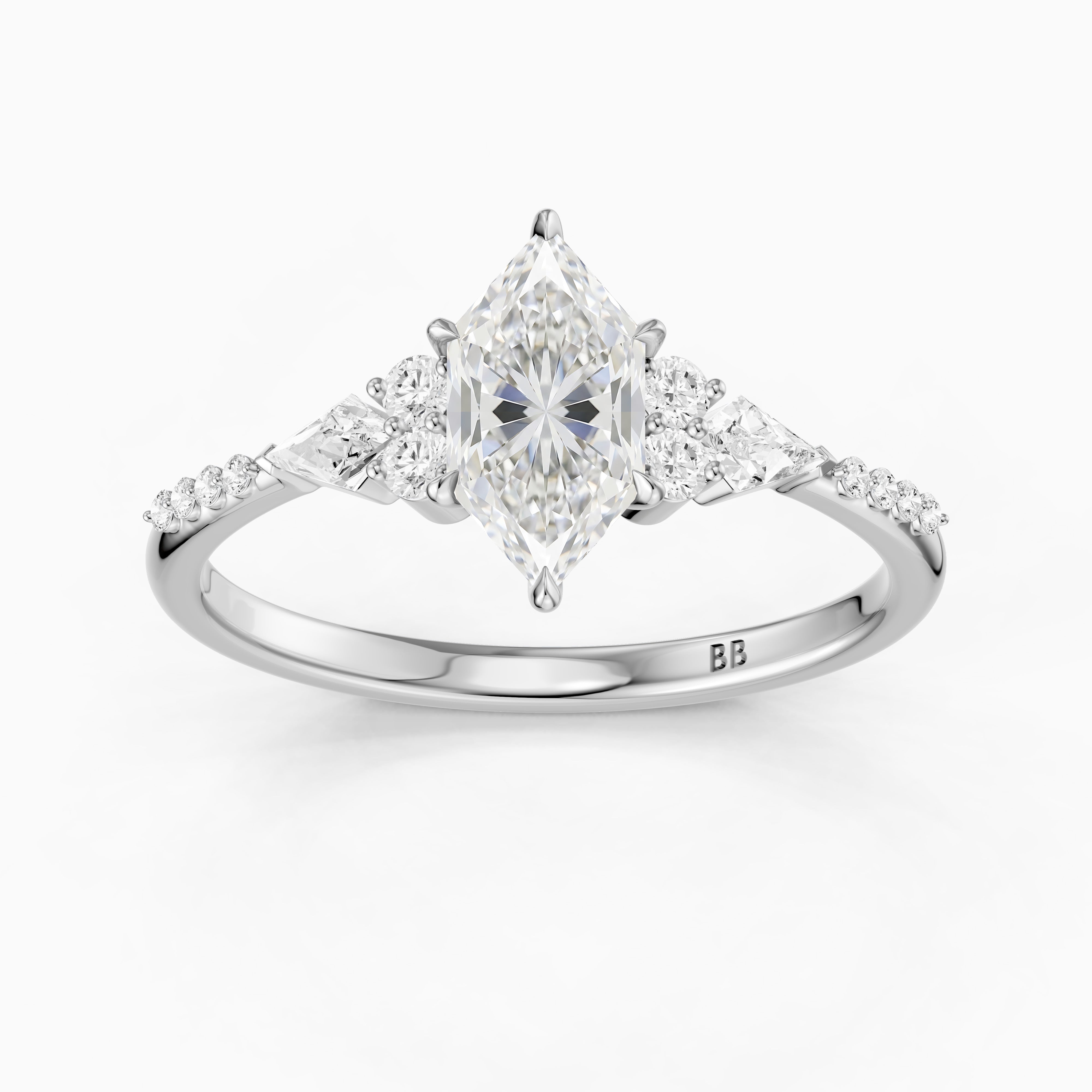 Kara Dutch Marquise Cut Moissanite Diamond Ring with Round and Kite Side Stones