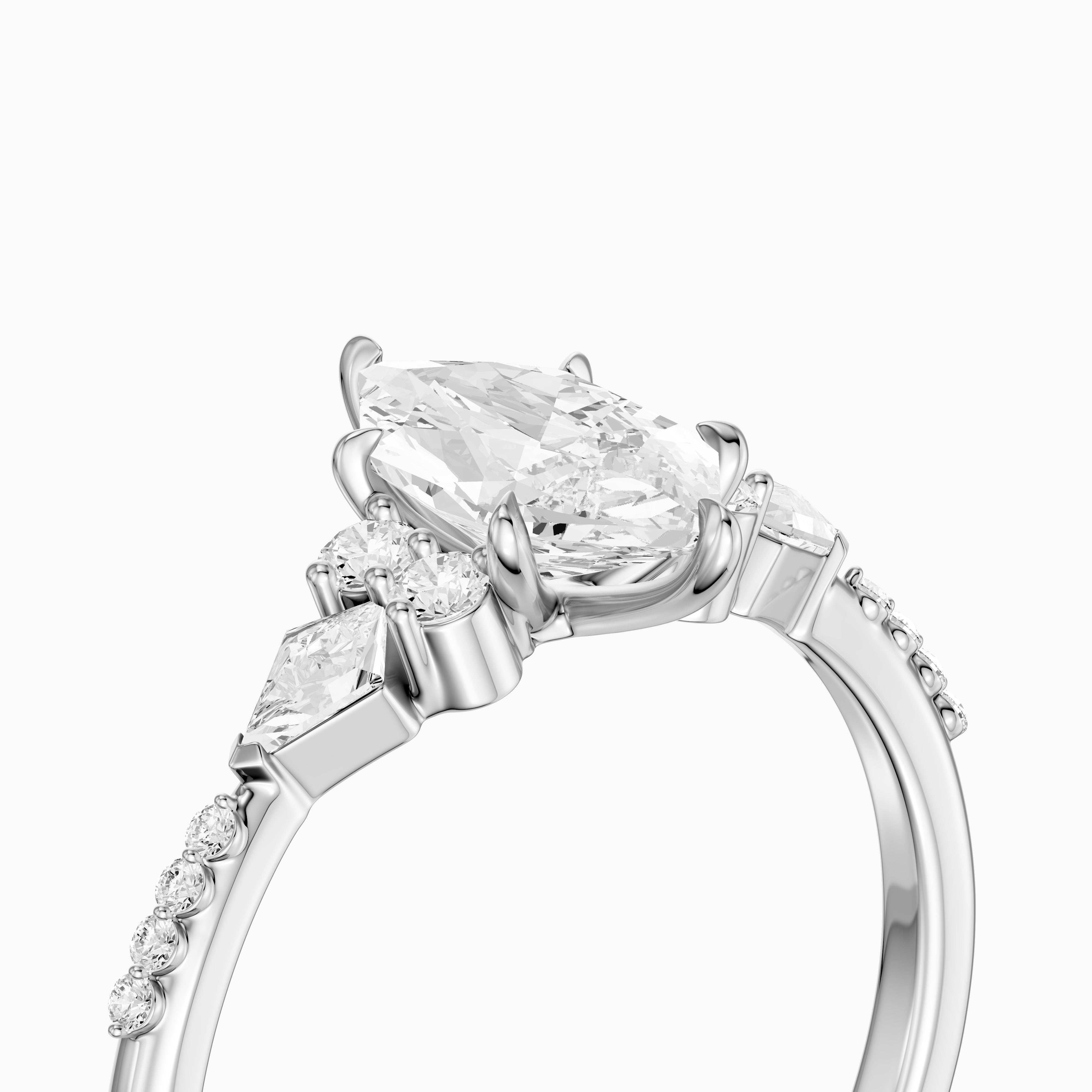Kara Dutch Marquise Cut Moissanite Diamond Ring with Round and Kite Side Stones