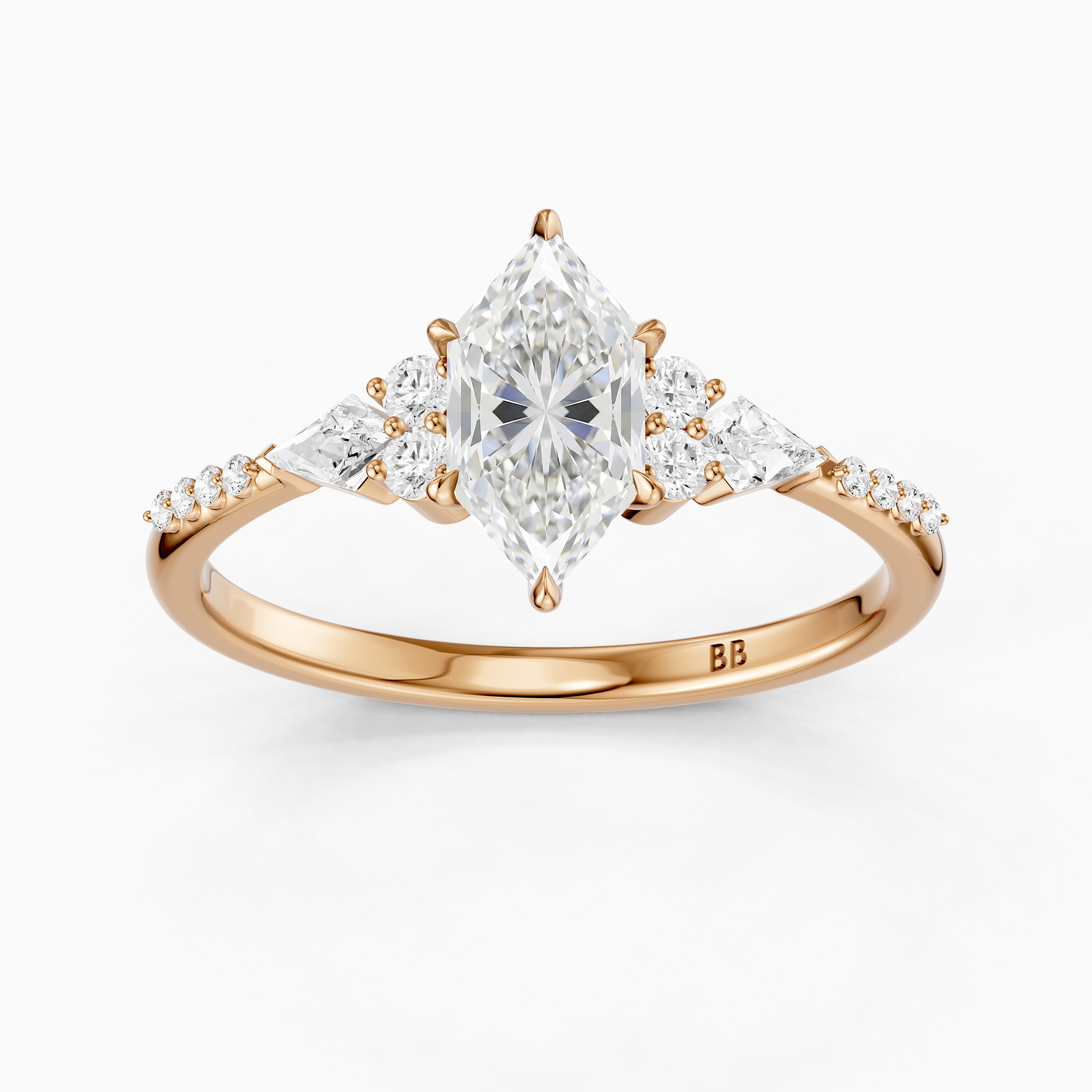 Kara Dutch Marquise Cut Moissanite Diamond Ring with Round and Kite Side Stones