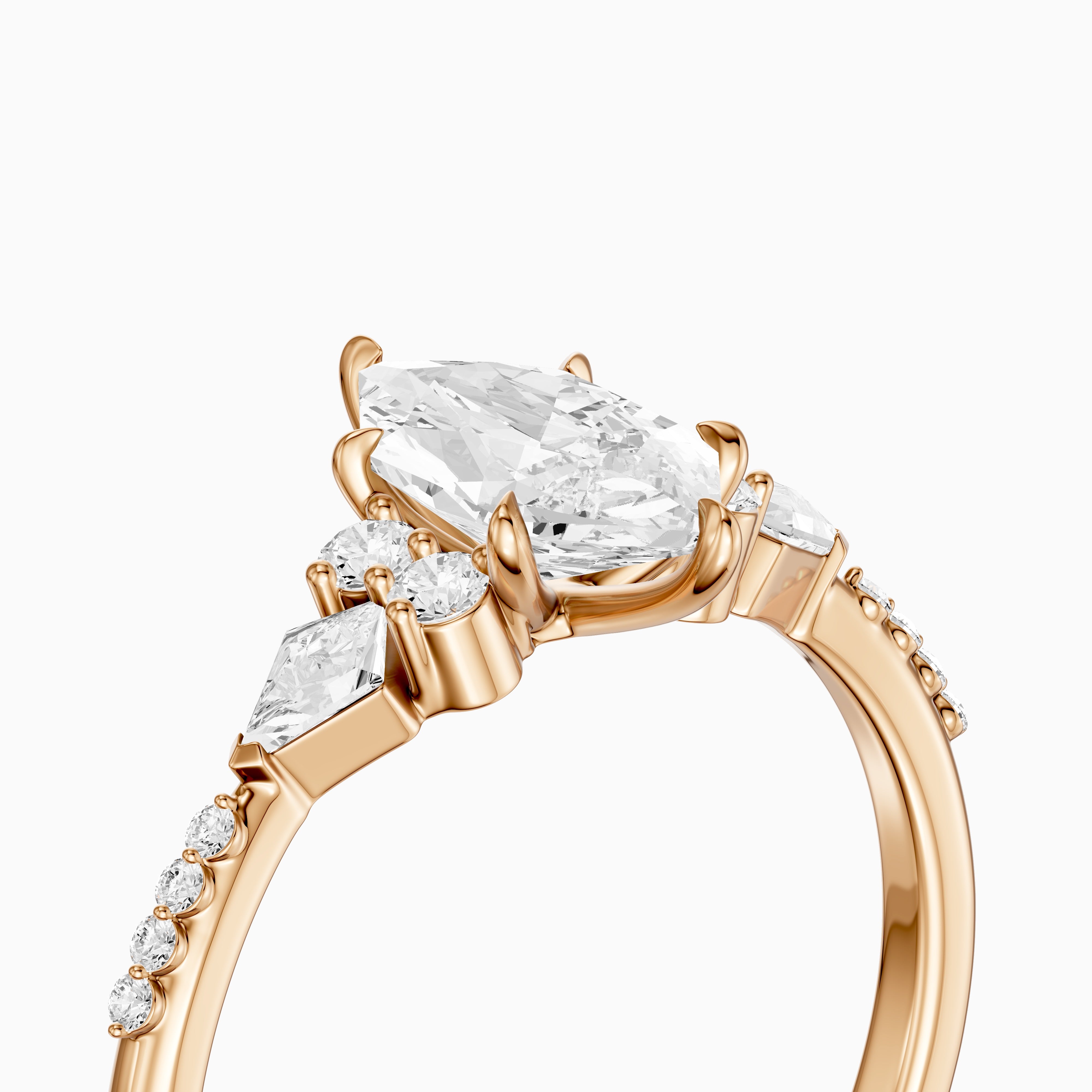 Kara Dutch Marquise Cut Moissanite Diamond Ring with Round and Kite Side Stones