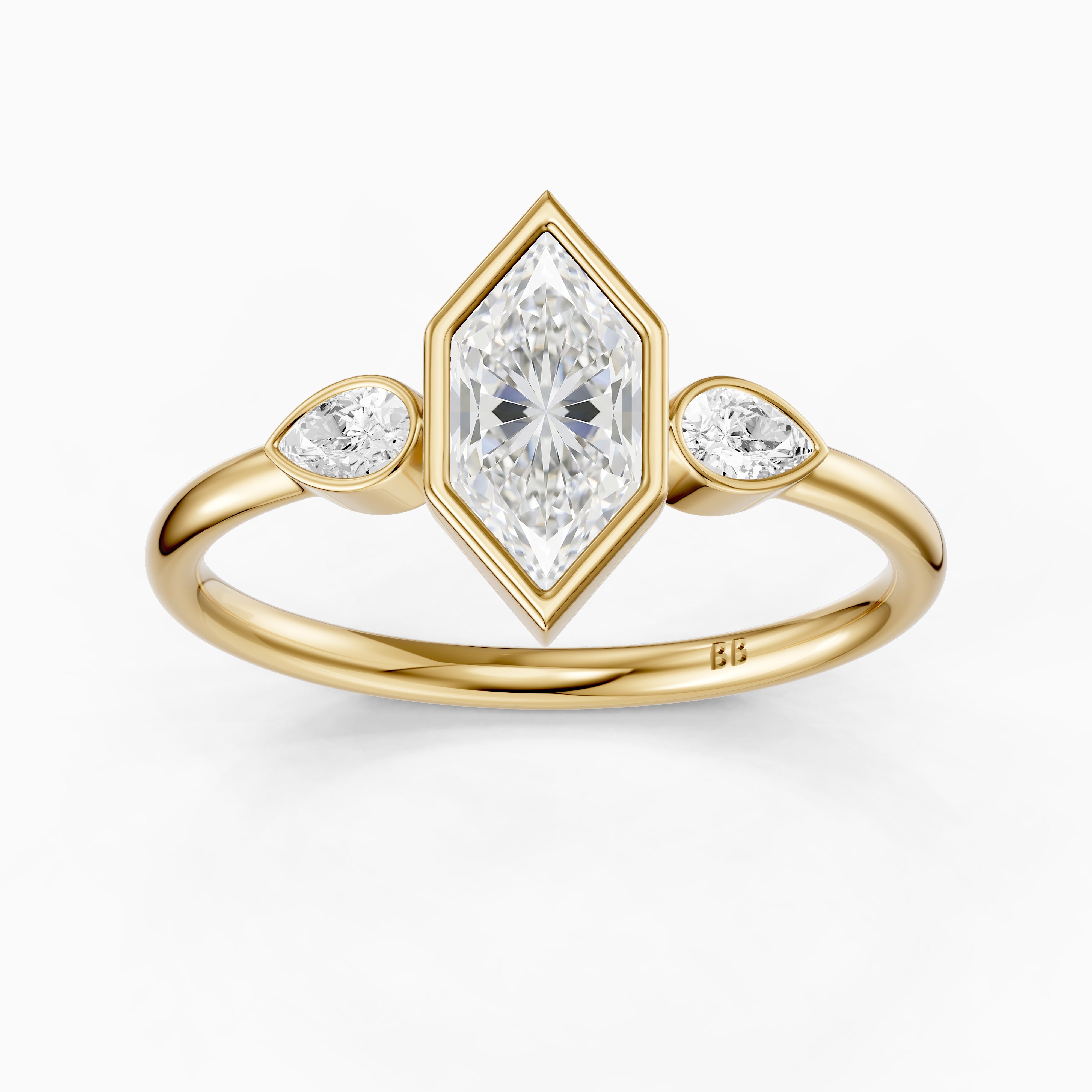 Lana Dutch Marquise Cut Bezel Moissanite Diamond Ring with Pear Side Stones