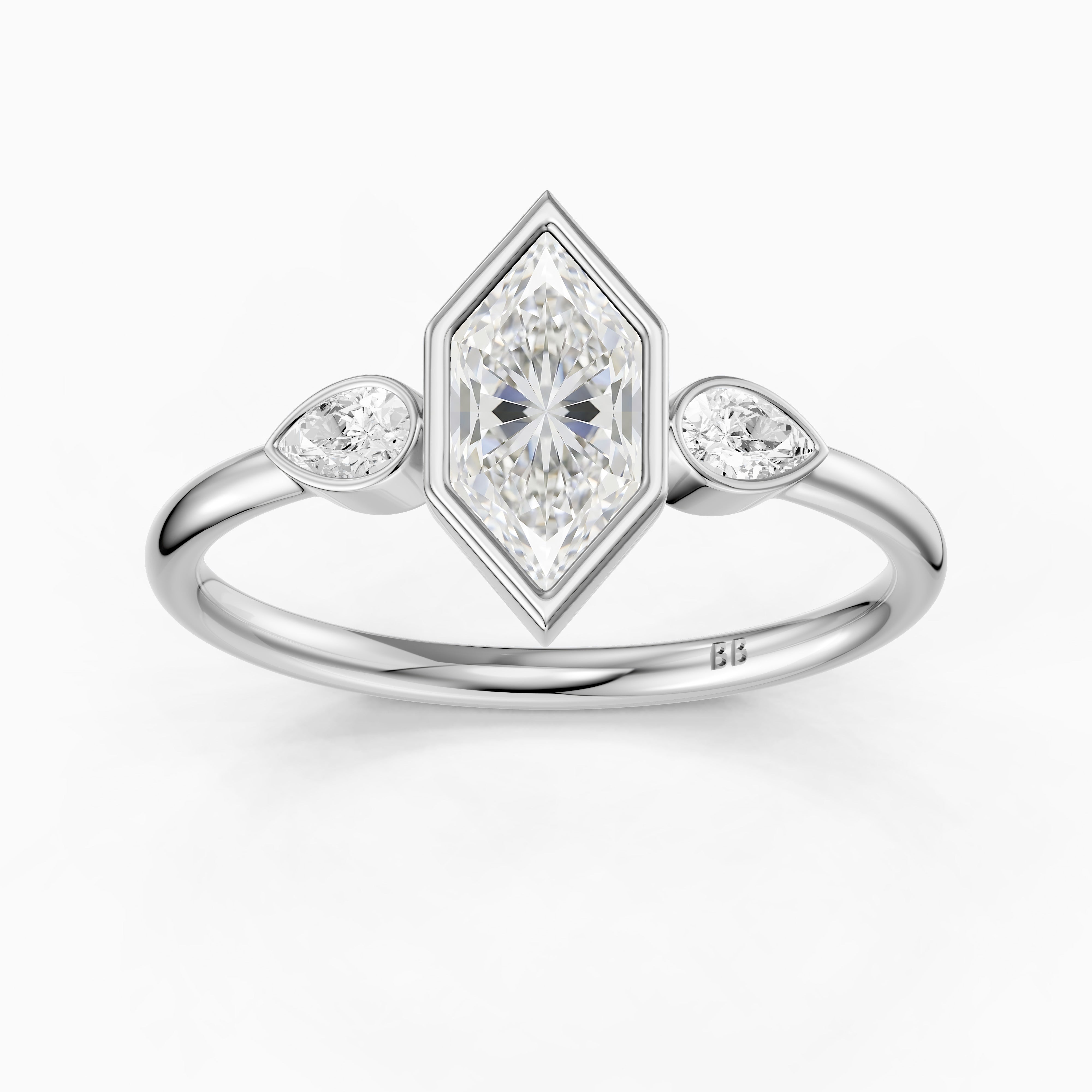 Lana Dutch Marquise Cut Bezel Moissanite Diamond Ring with Pear Side Stones