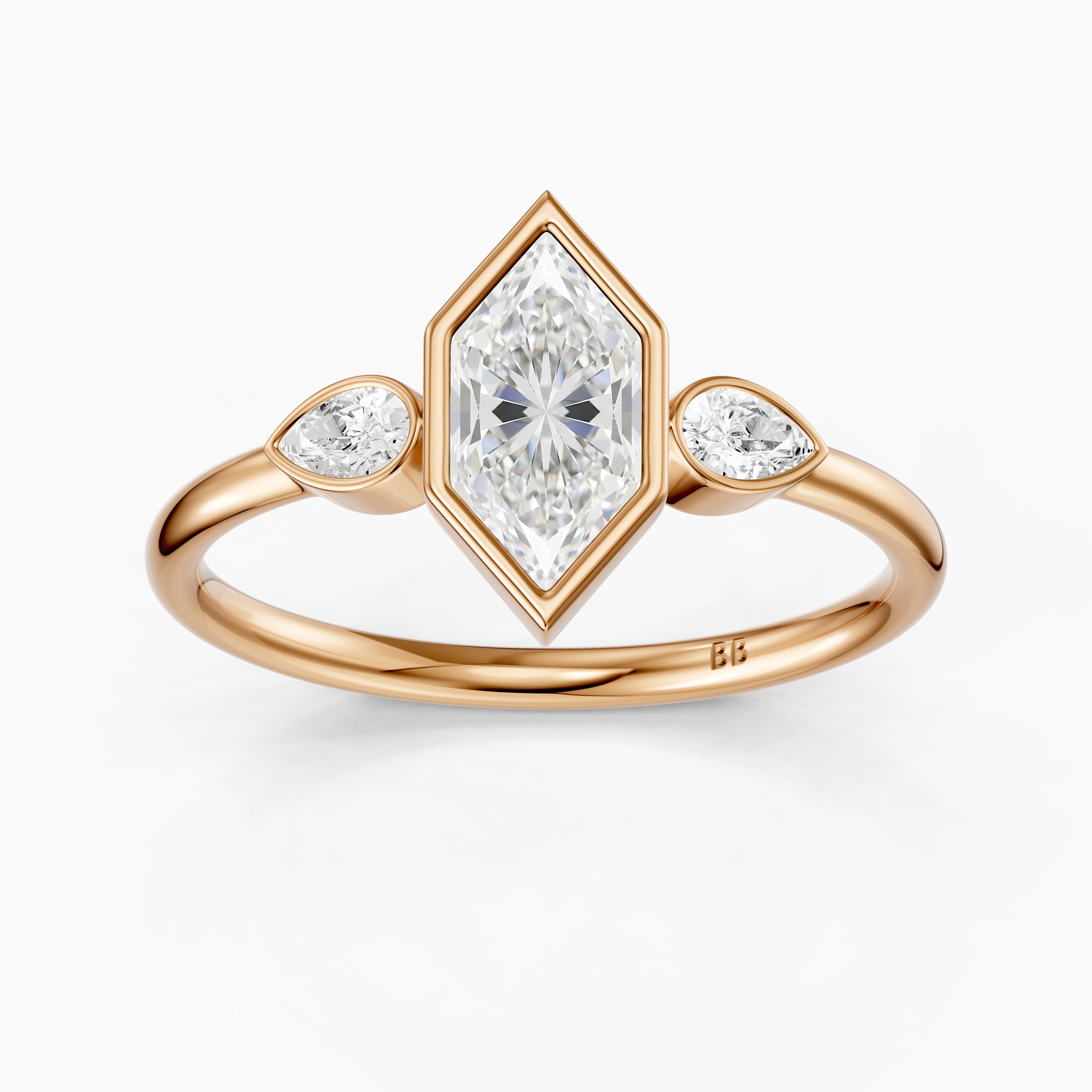 Lana Dutch Marquise Cut Bezel Moissanite Diamond Ring with Pear Side Stones