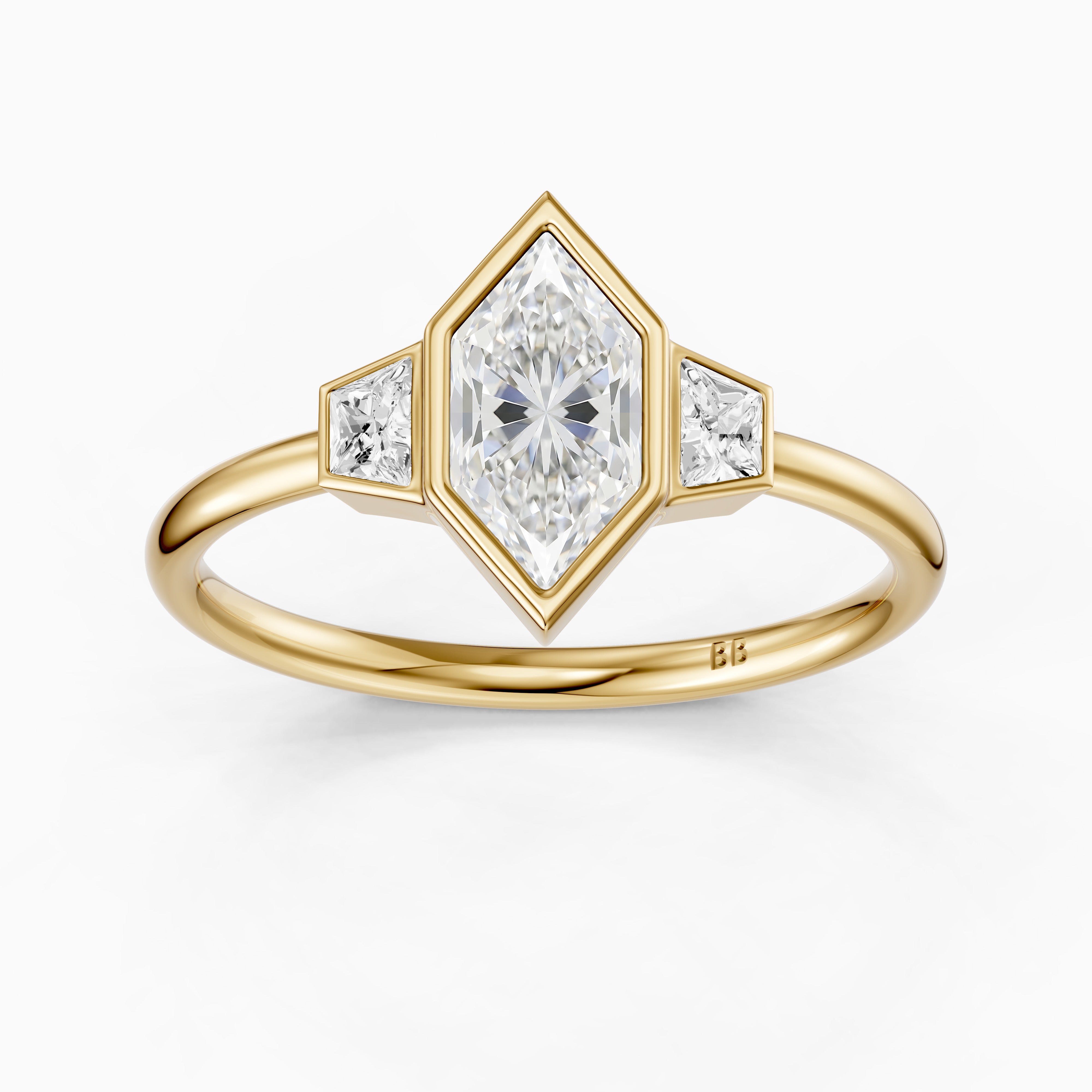Layla Dutch Marquise Cut Bezel Moissanite Diamond Ring with Trapezoid Side Stones