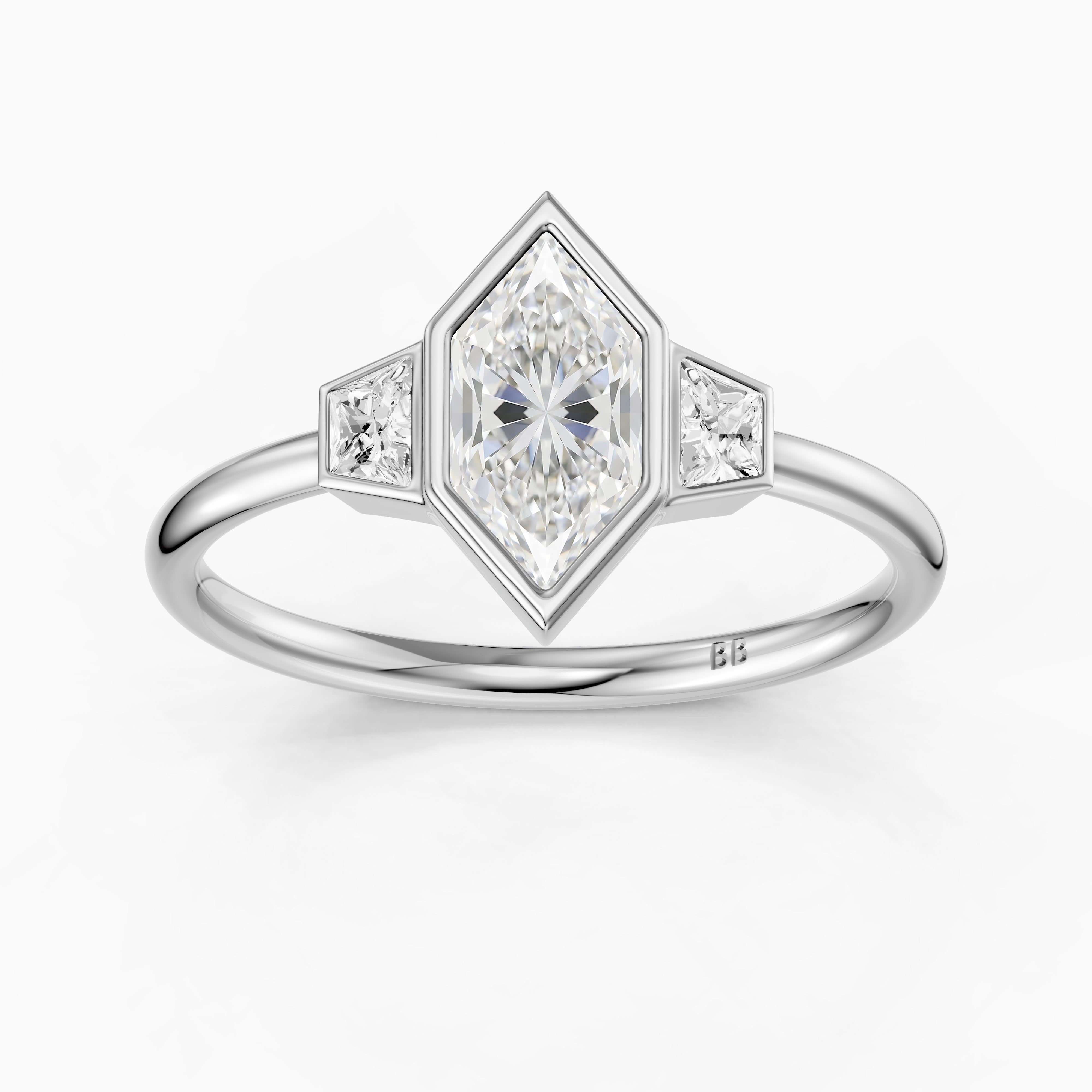 Layla Dutch Marquise Cut Bezel Moissanite Diamond Ring with Trapezoid Side Stones