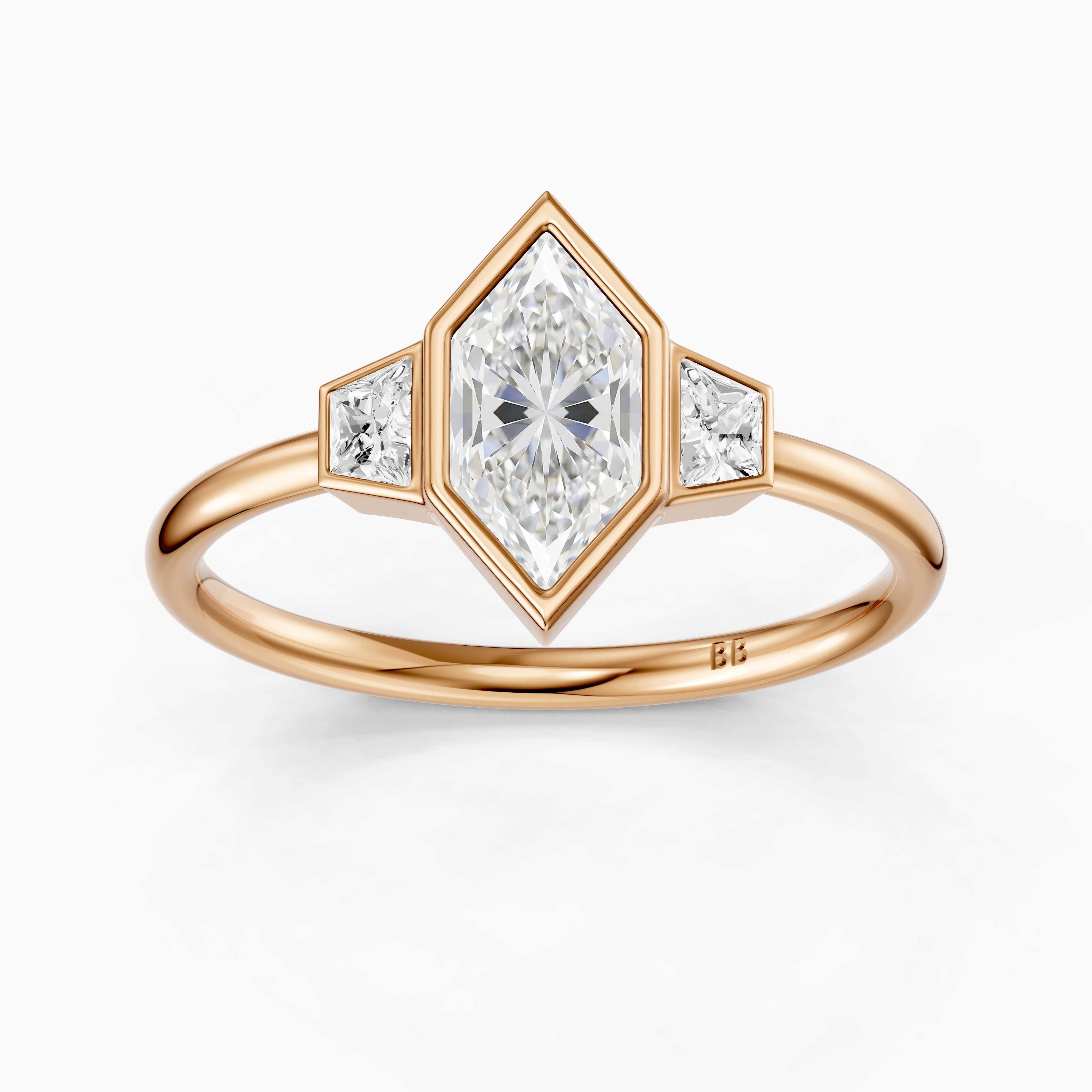 Layla Dutch Marquise Cut Bezel Moissanite Diamond Ring with Trapezoid Side Stones
