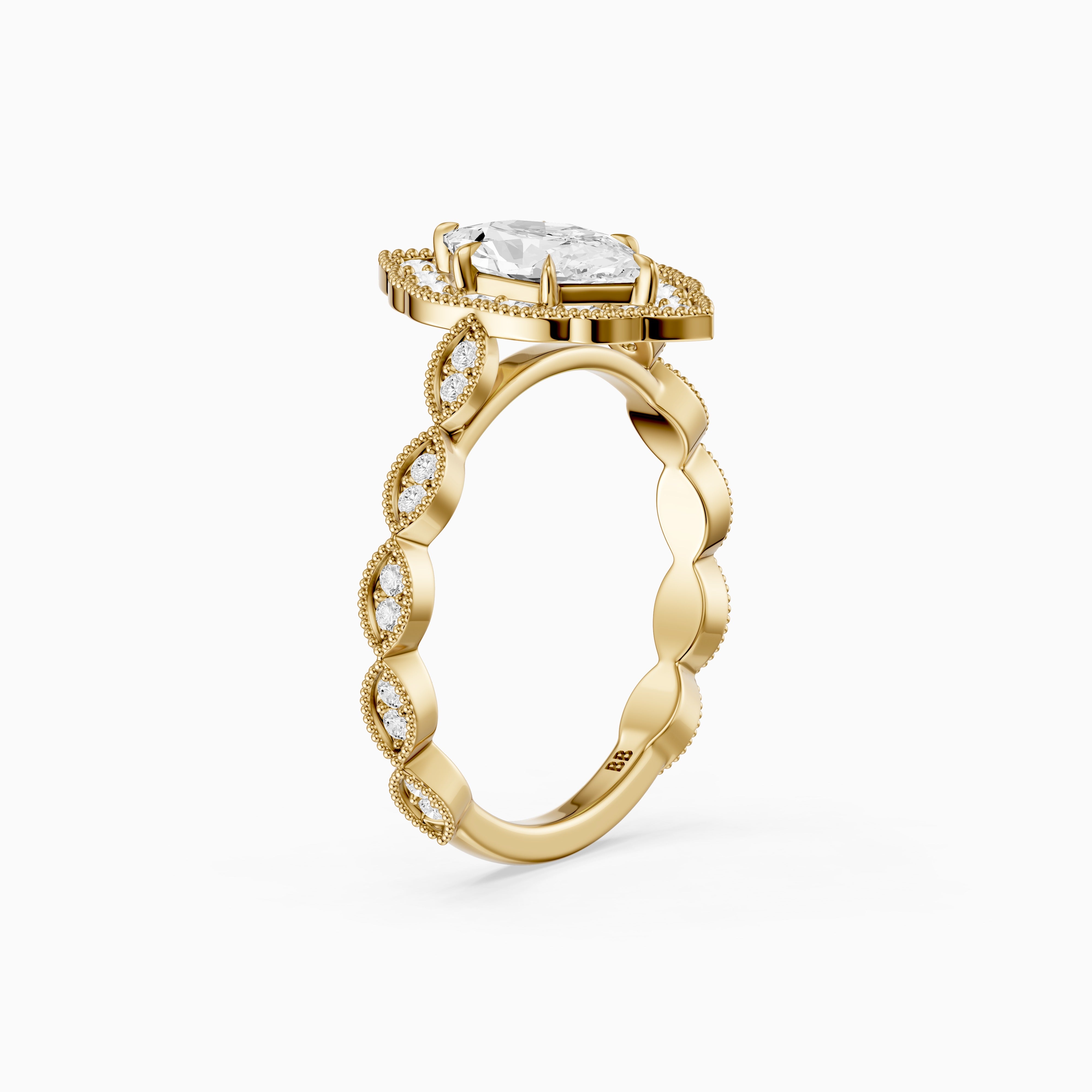 Simone Dutch Marquise Cut Lab Grown Diamond Halo Ring with Vintage Band