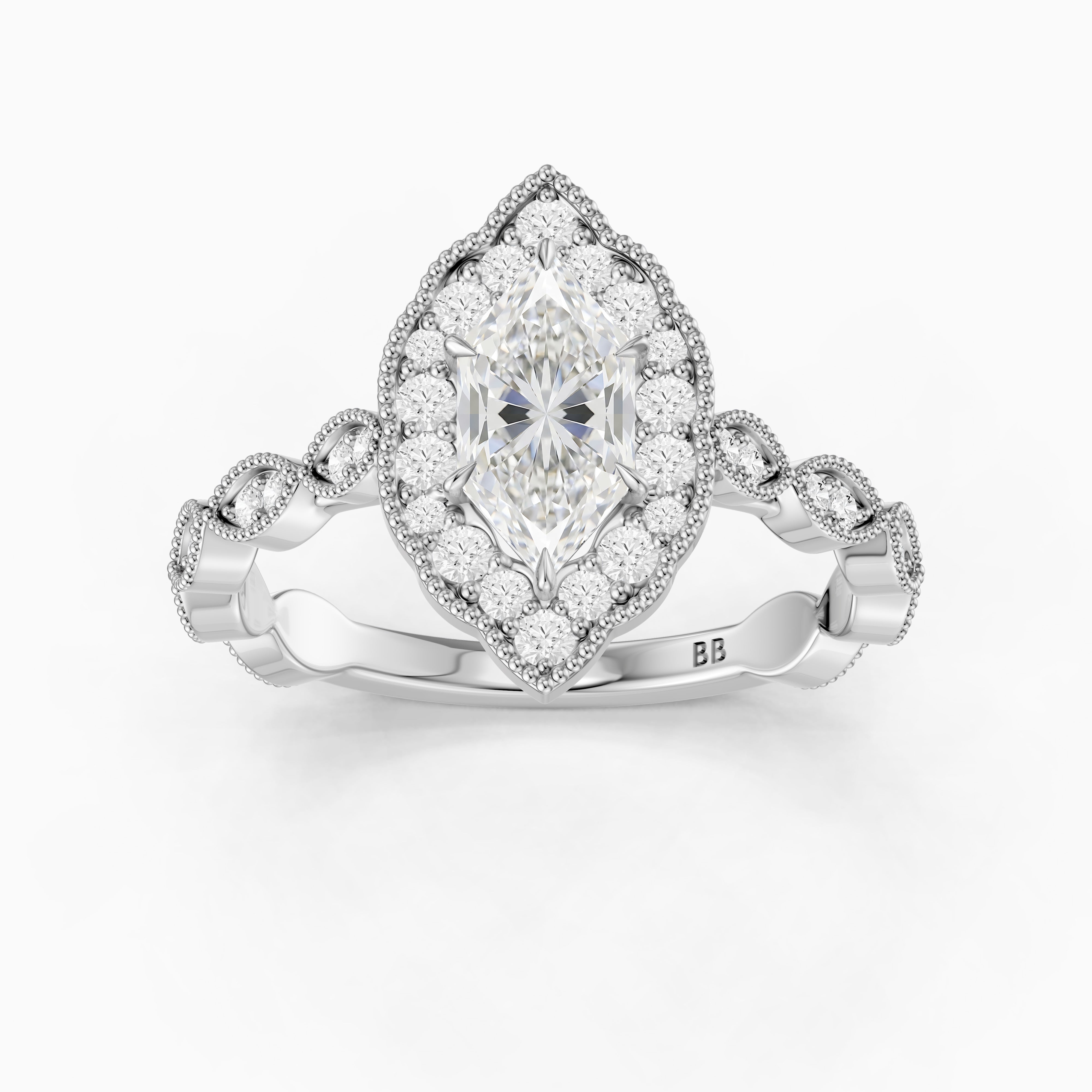 Simone Dutch Marquise Cut Moissanite Diamond Halo Ring with Vintage Band