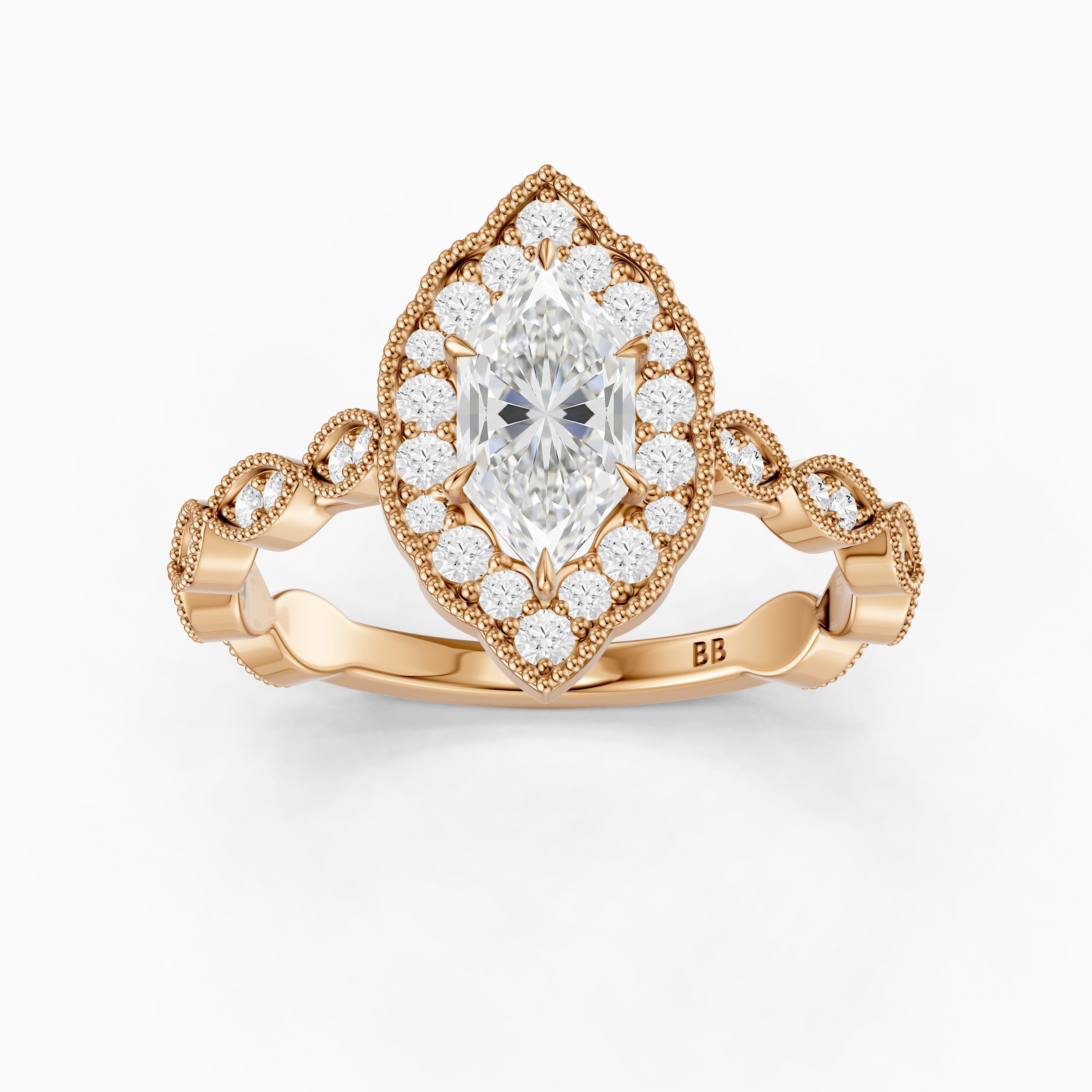 Simone Dutch Marquise Cut Moissanite Diamond Halo Ring with Vintage Band