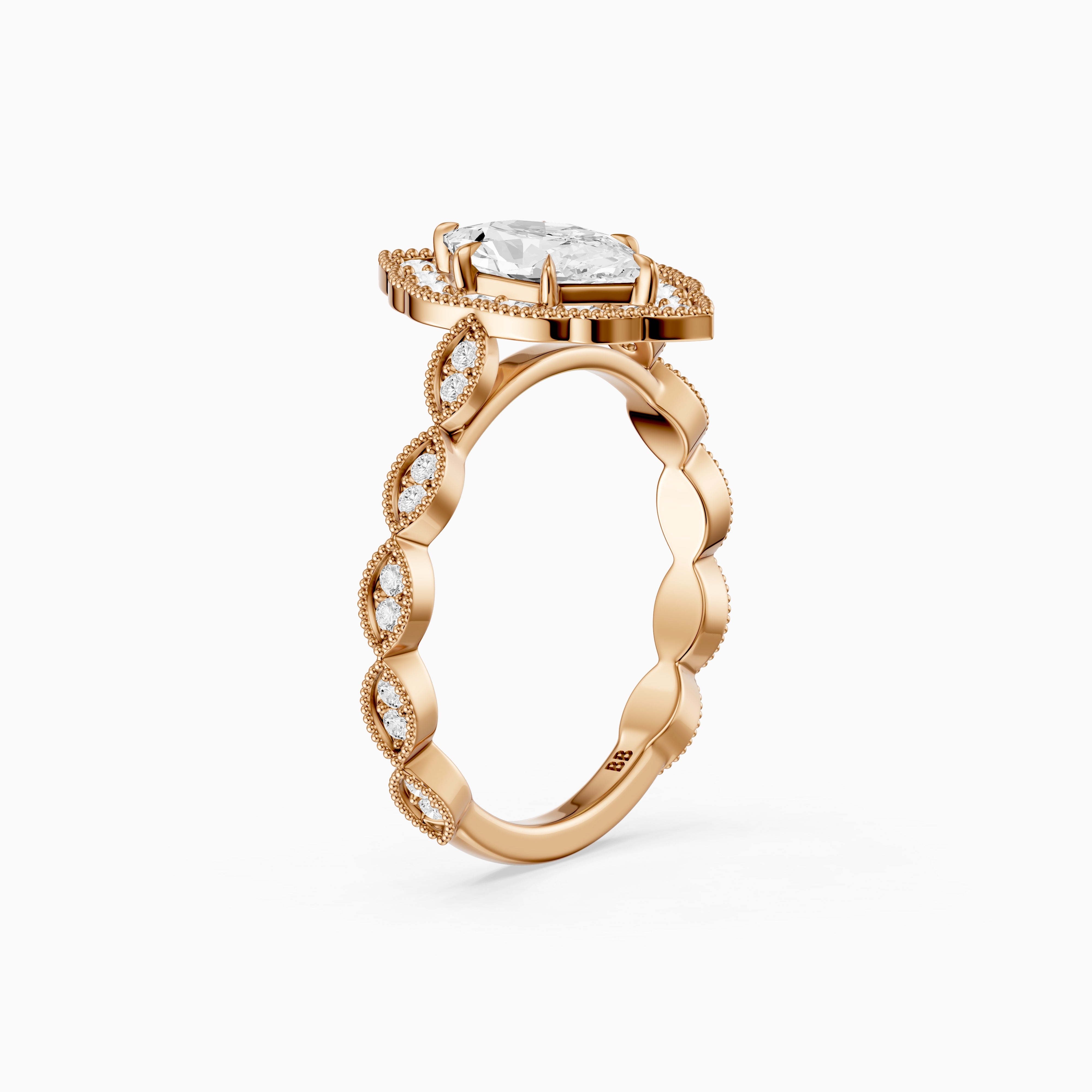 Simone Dutch Marquise Cut Moissanite Diamond Halo Ring with Vintage Band