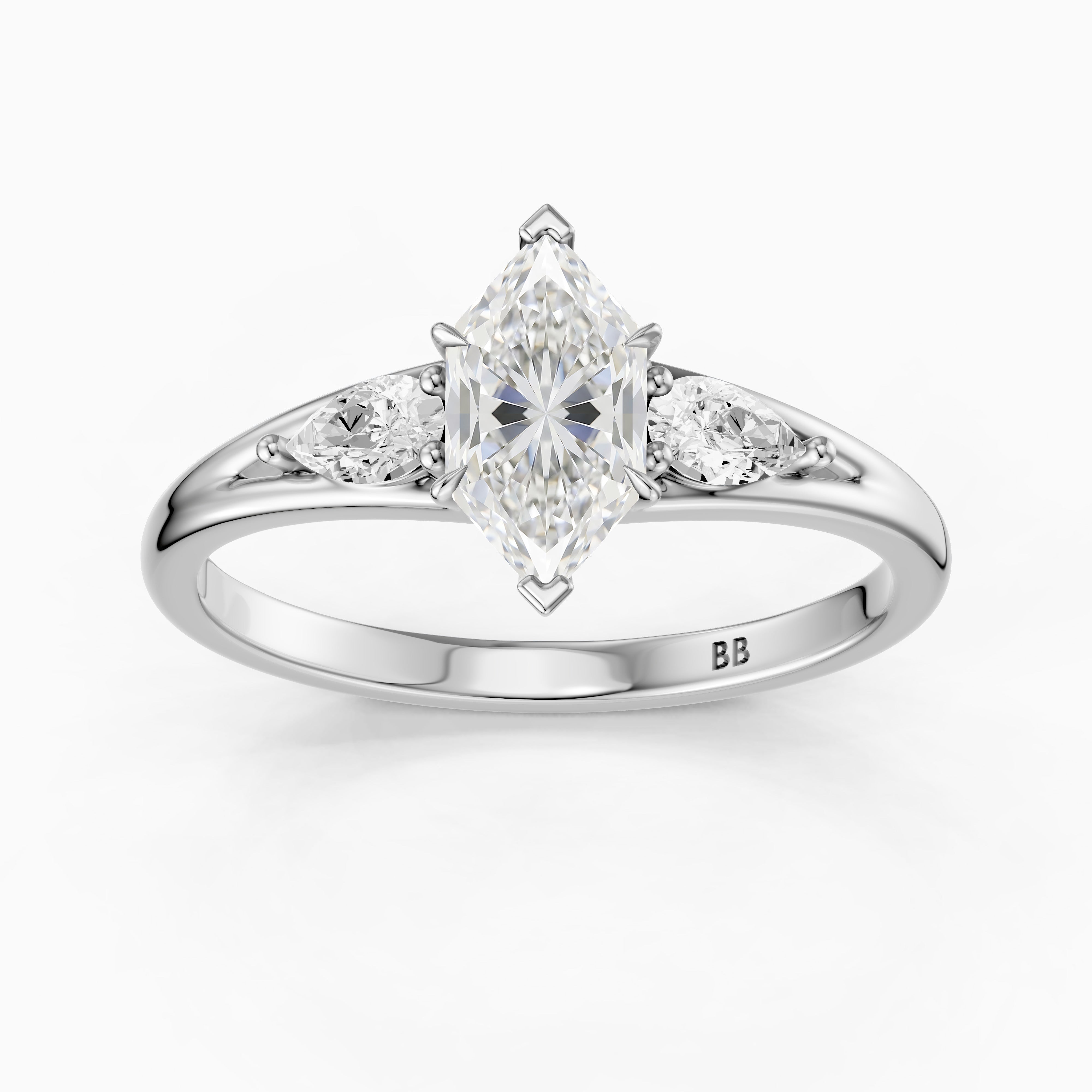 Mae Dutch Marquise Split Shank Moissanite Diamond Ring with Pear Side Stones