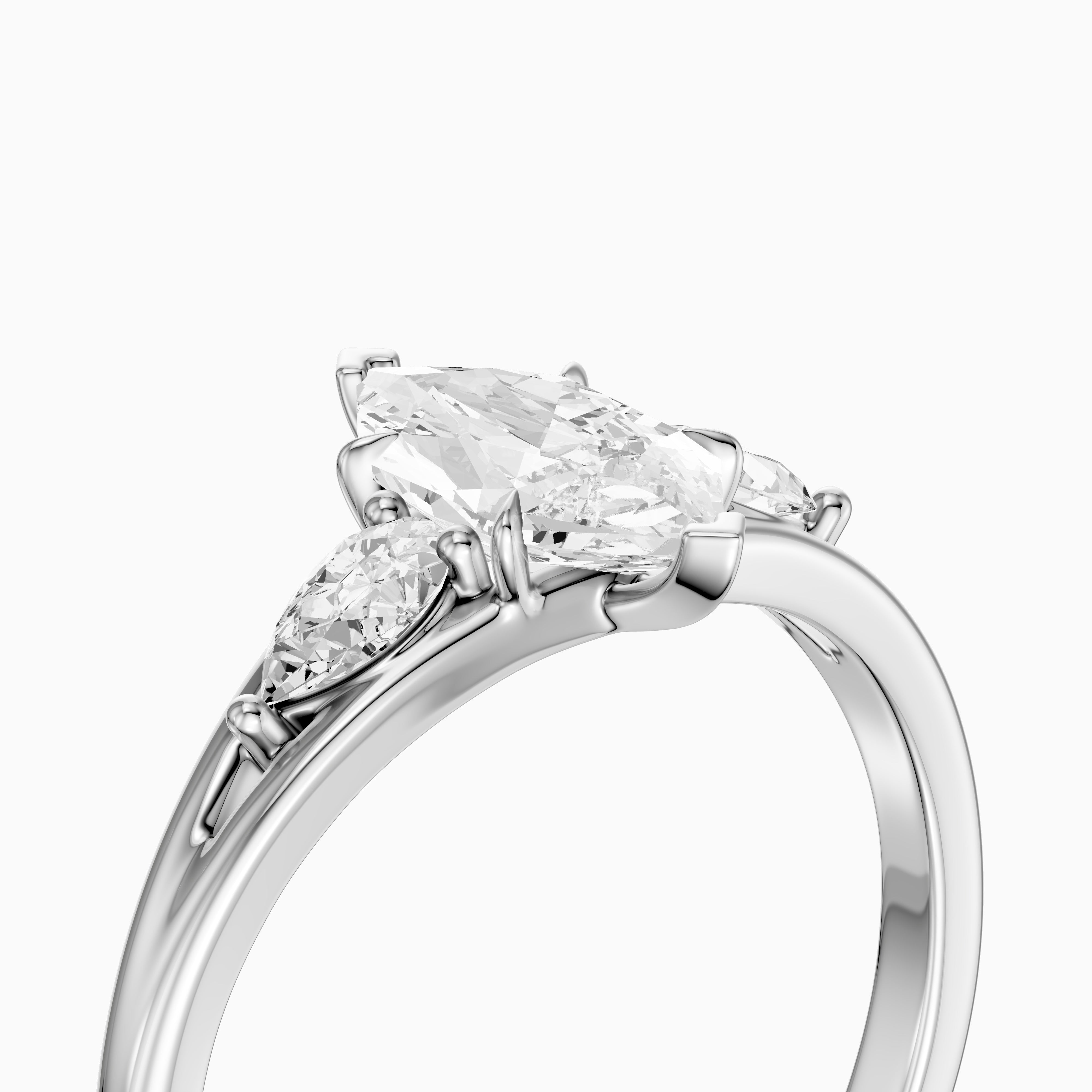 Mae Dutch Marquise Split Shank Moissanite Diamond Ring with Pear Side Stones