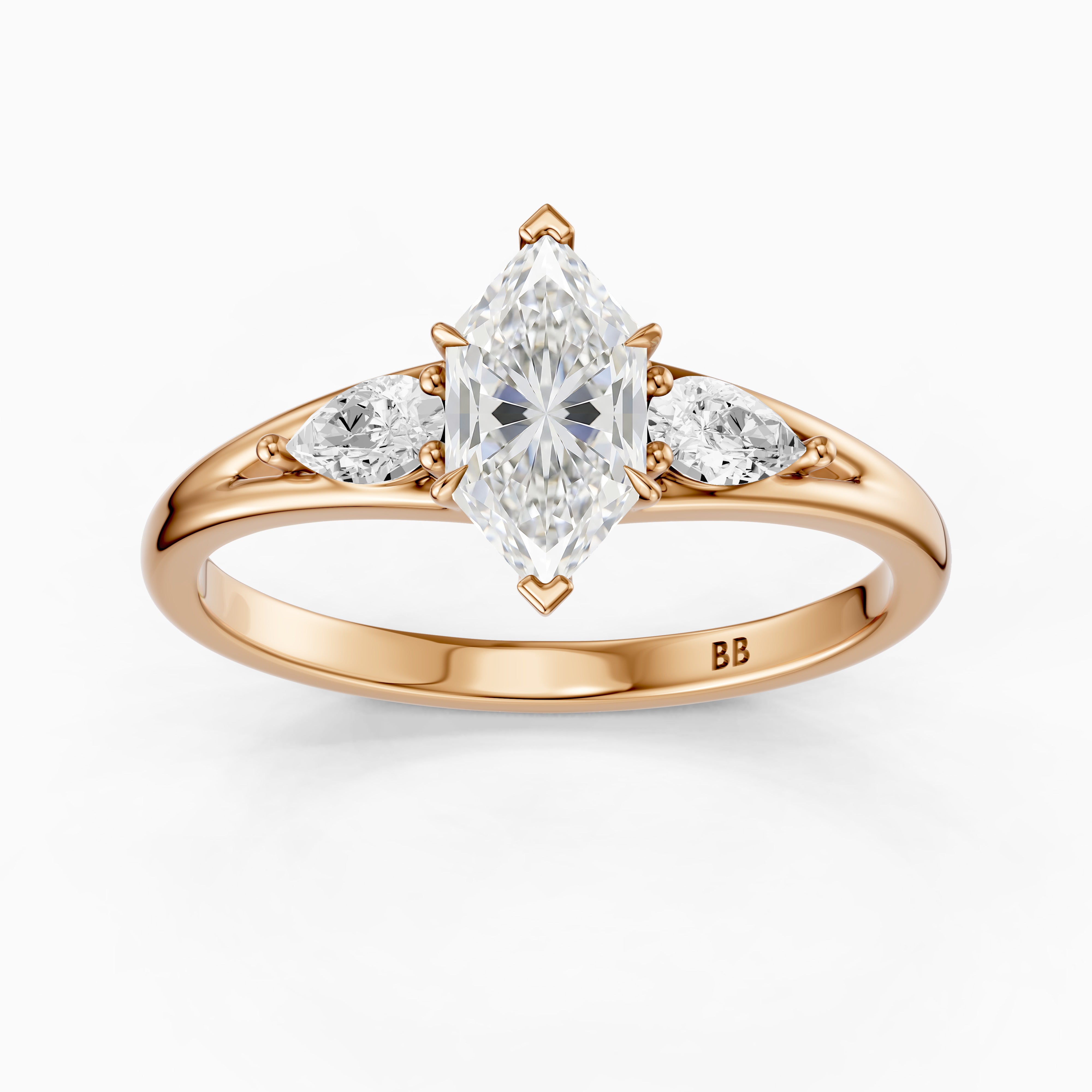 Mae Dutch Marquise Split Shank Moissanite Diamond Ring with Pear Side Stones