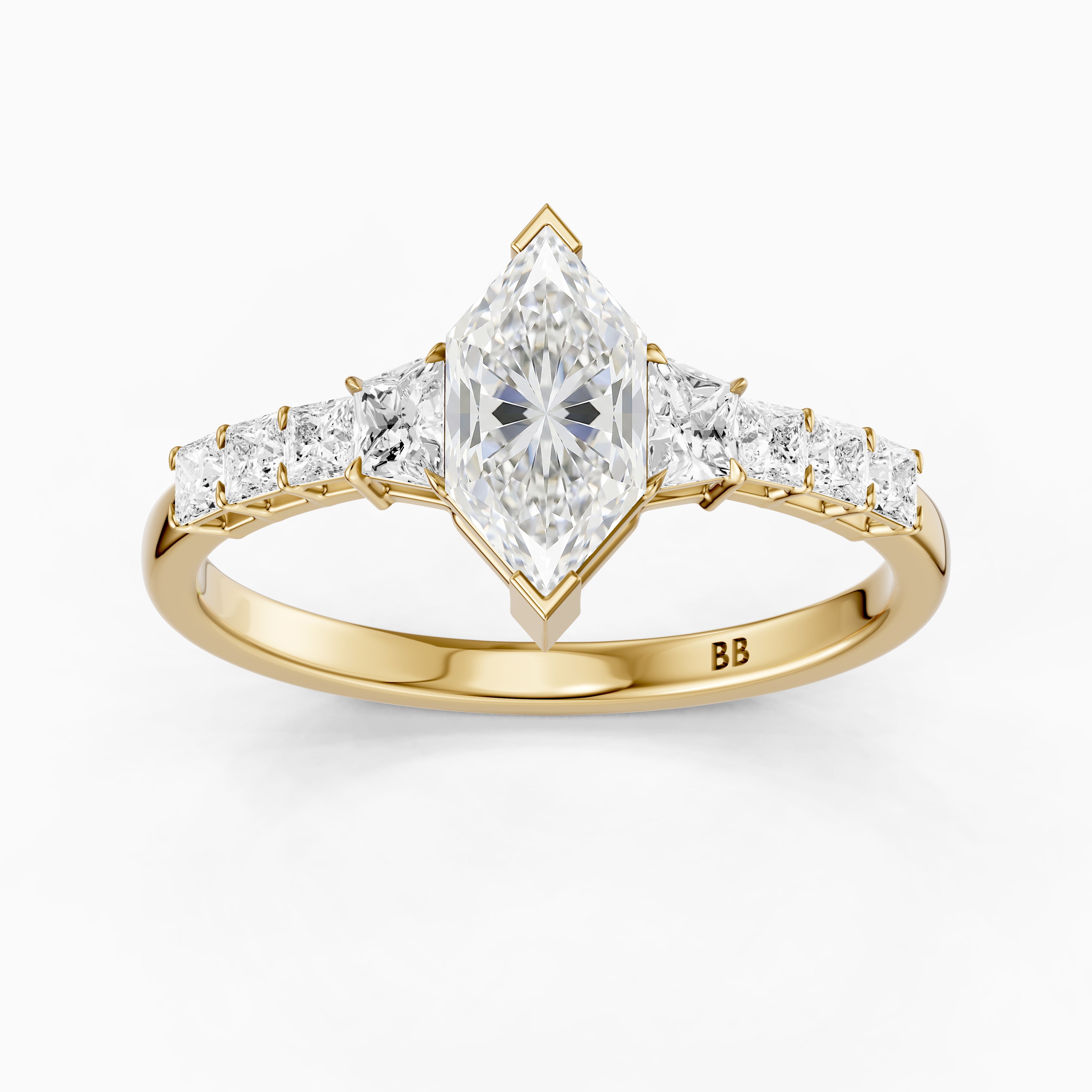 Raina Dutch Marquise Moissanite Diamond Ring with Trapezoid and Princess Cut Side Stones