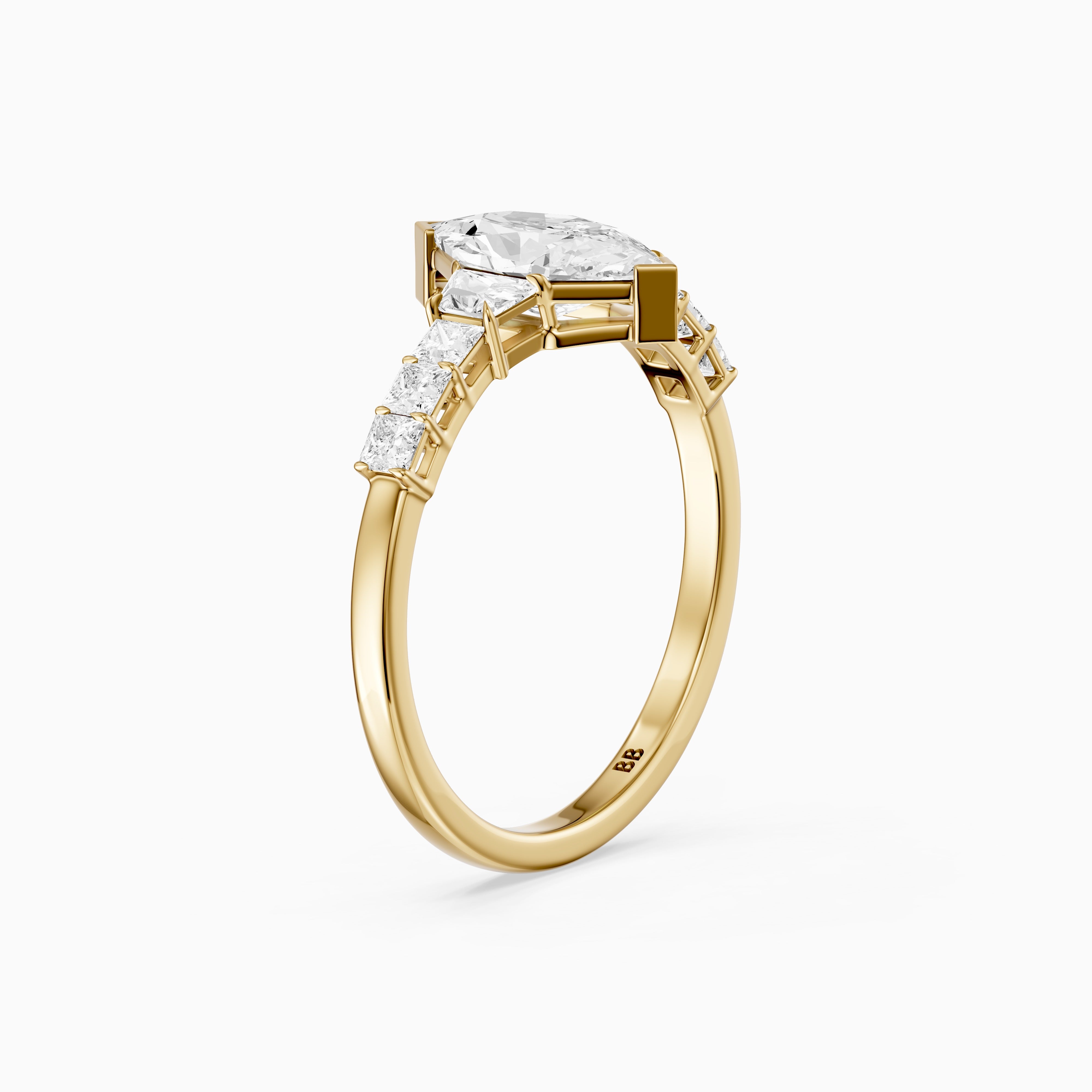 Raina Dutch Marquise Moissanite Diamond Ring with Trapezoid and Princess Cut Side Stones
