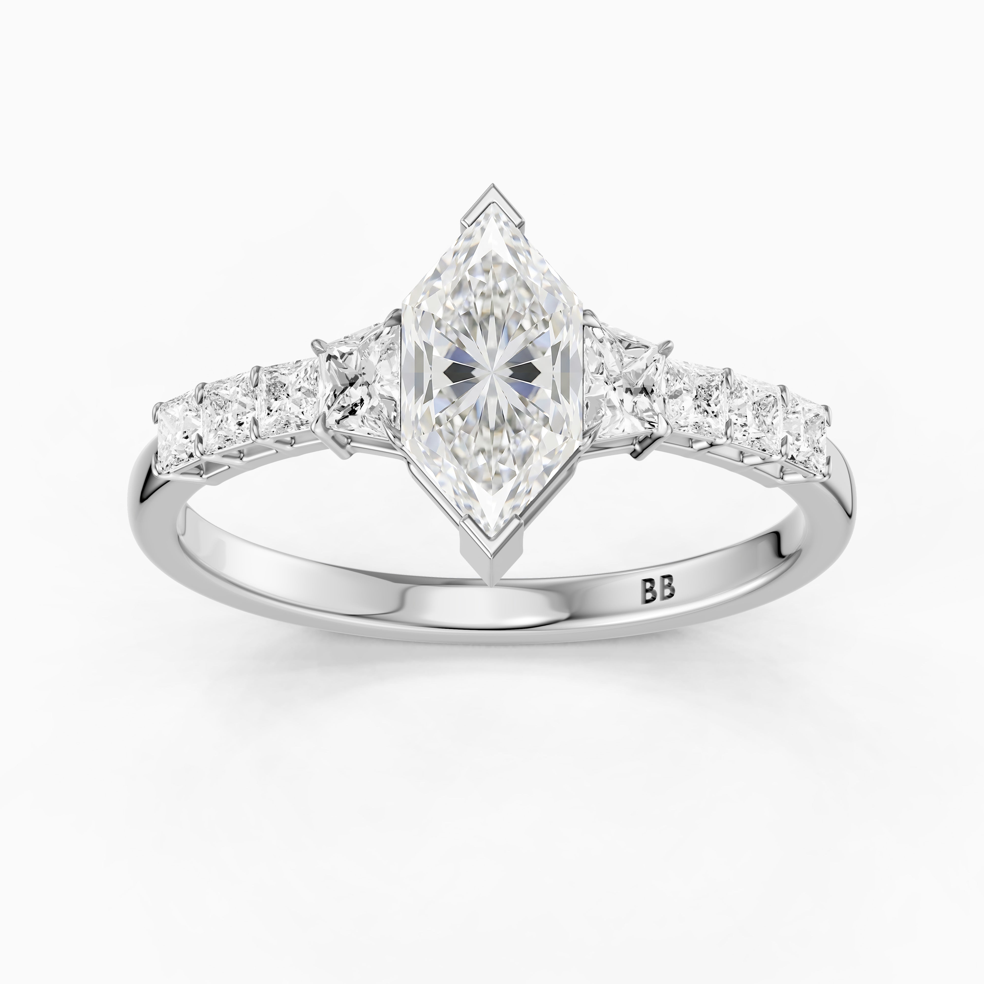 Raina Dutch Marquise Moissanite Diamond Ring with Trapezoid and Princess Cut Side Stones