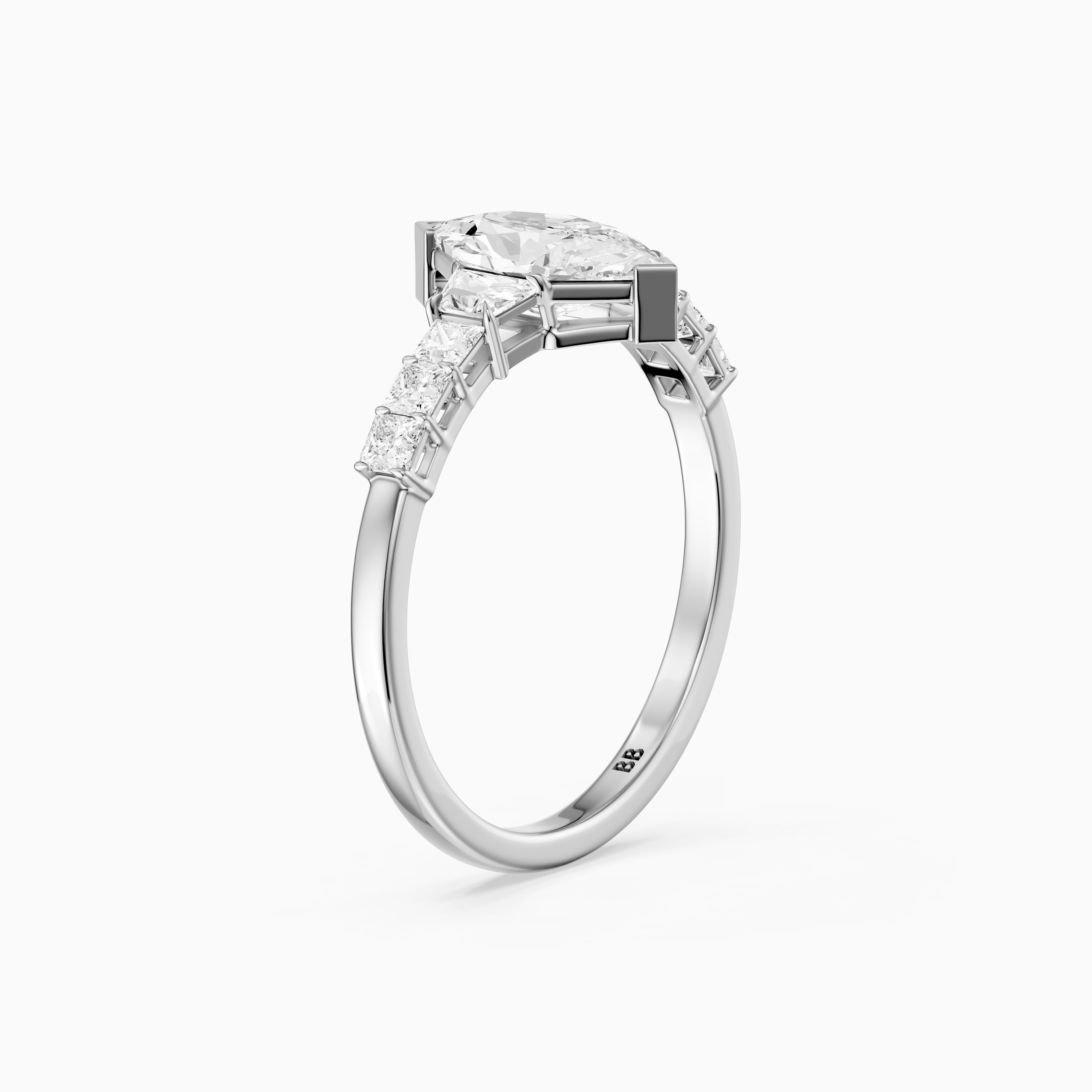 Raina Dutch Marquise Moissanite Diamond Ring with Trapezoid and Princess Cut Side Stones