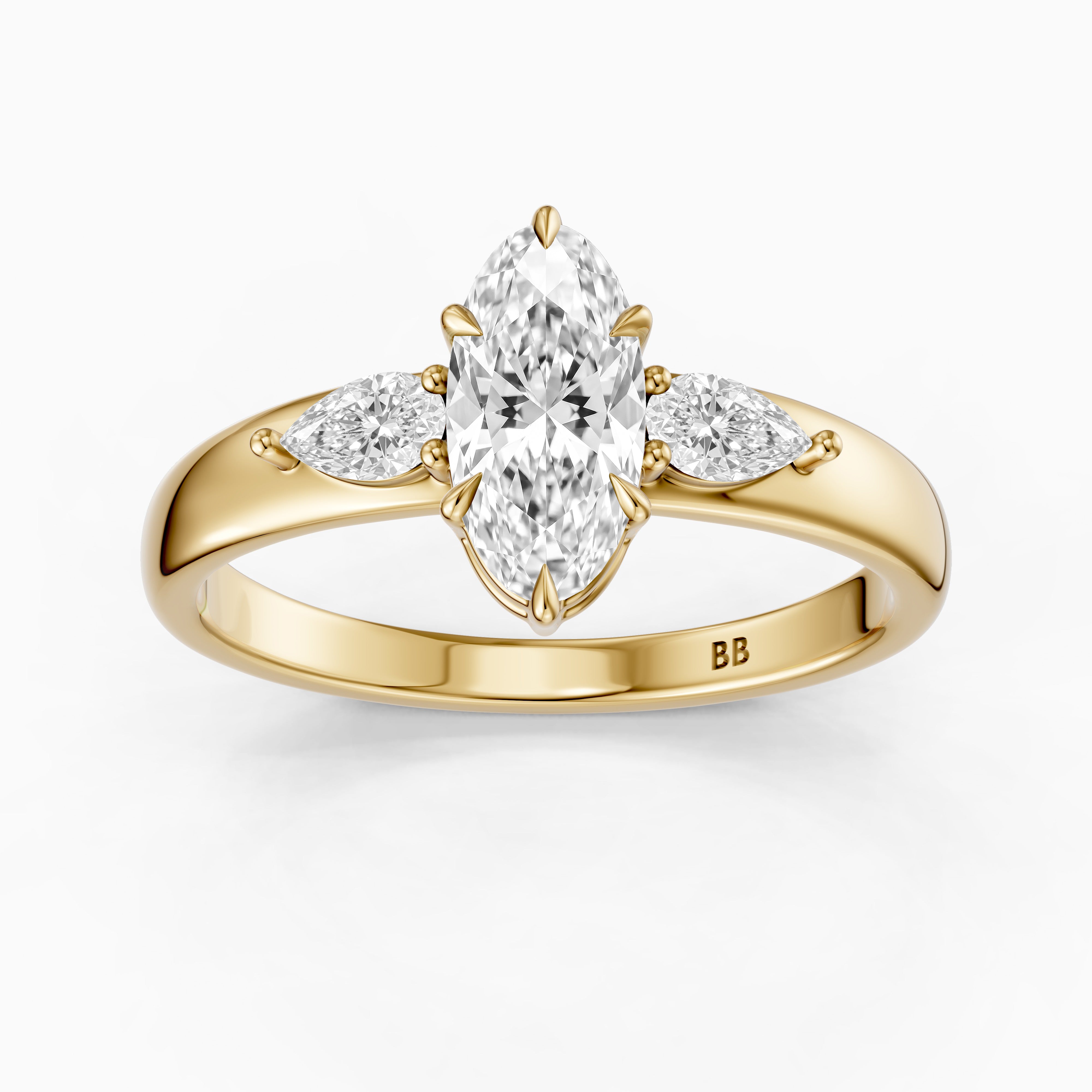 Celia Moval Moissanite Diamond Three Stone Ring with Pear Stones and Wide Tapered Band