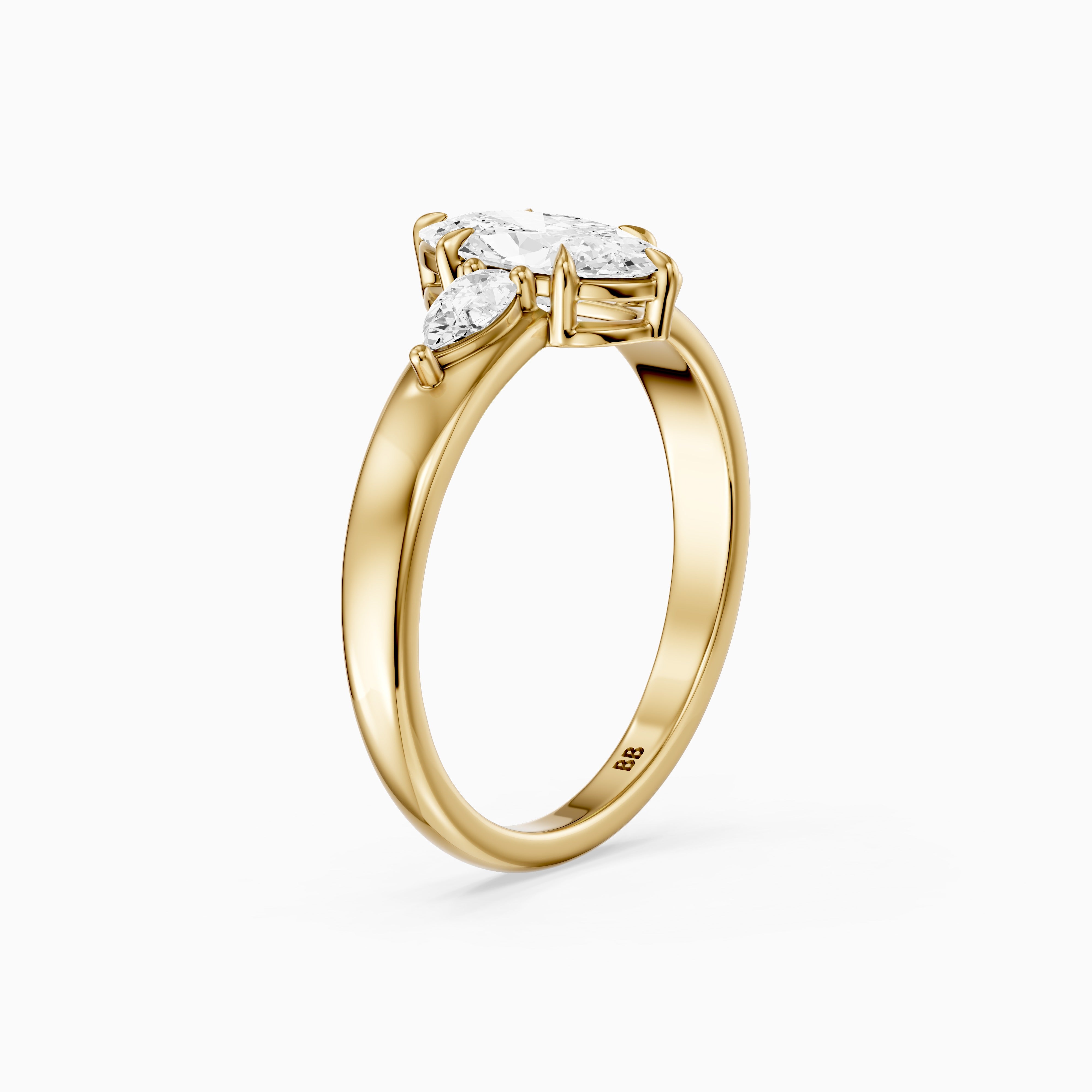 Celia Moval Moissanite Diamond Three Stone Ring with Pear Stones and Wide Tapered Band