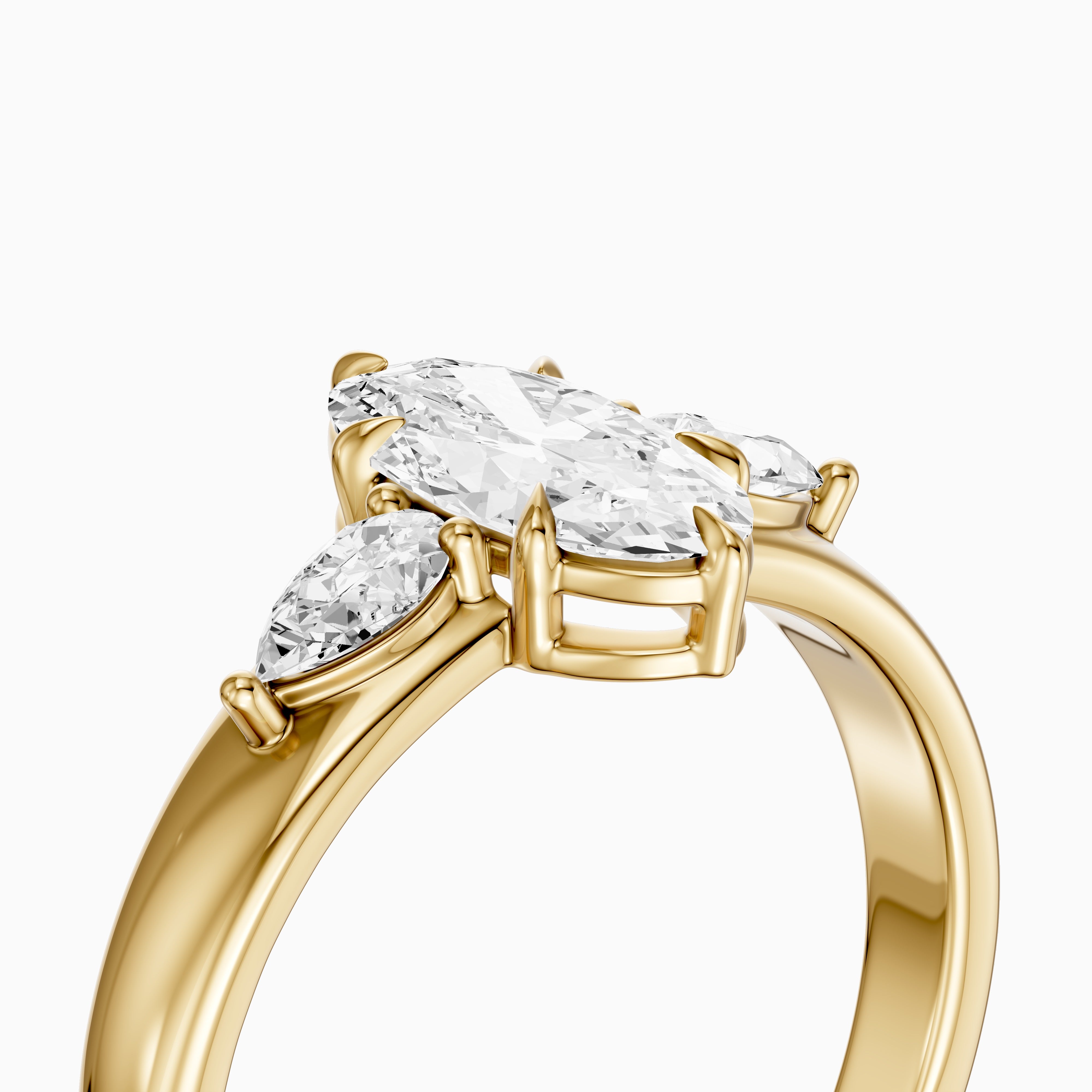 Celia Moval Moissanite Diamond Three Stone Ring with Pear Stones and Wide Tapered Band