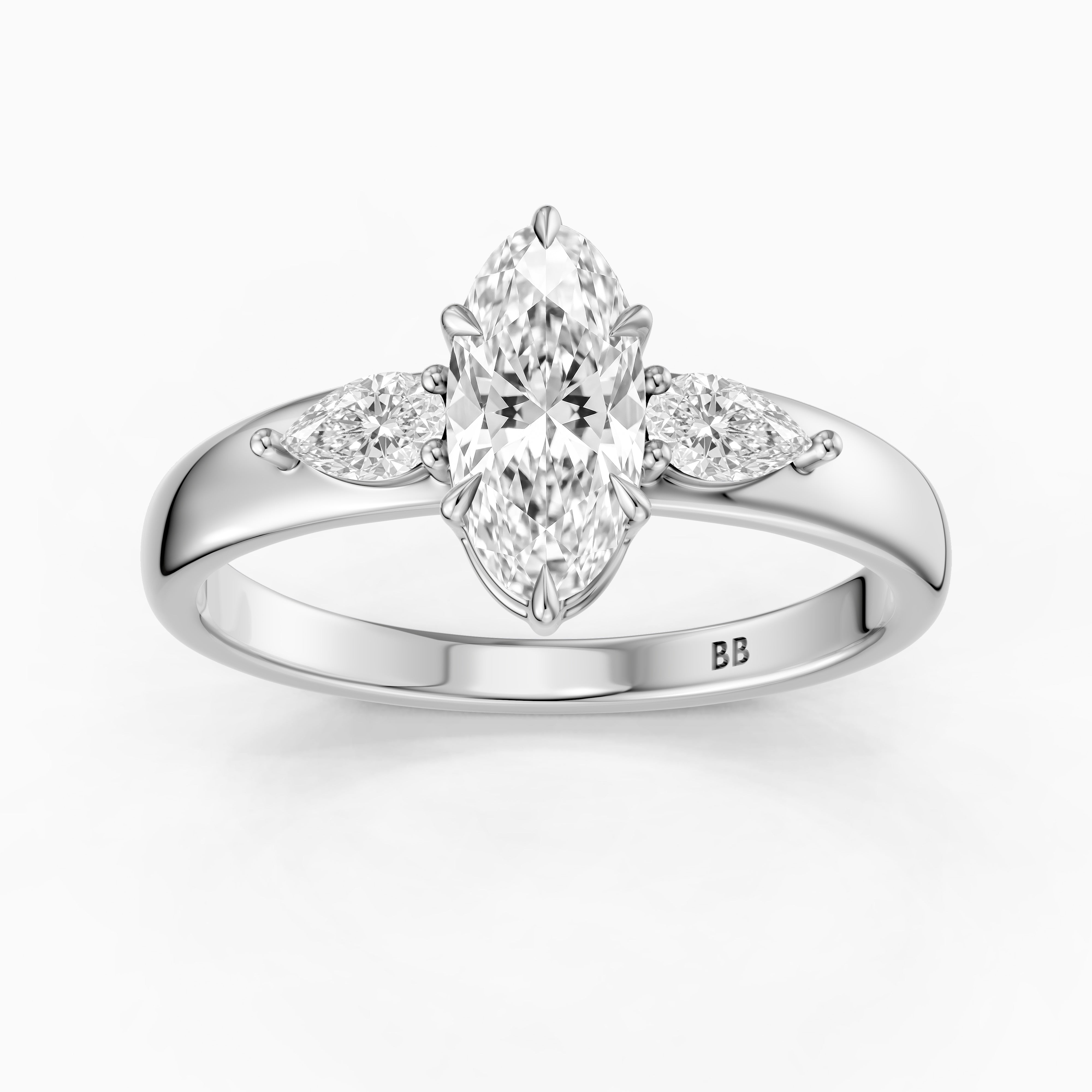 Celia Moval Moissanite Diamond Three Stone Ring with Pear Stones and Wide Tapered Band