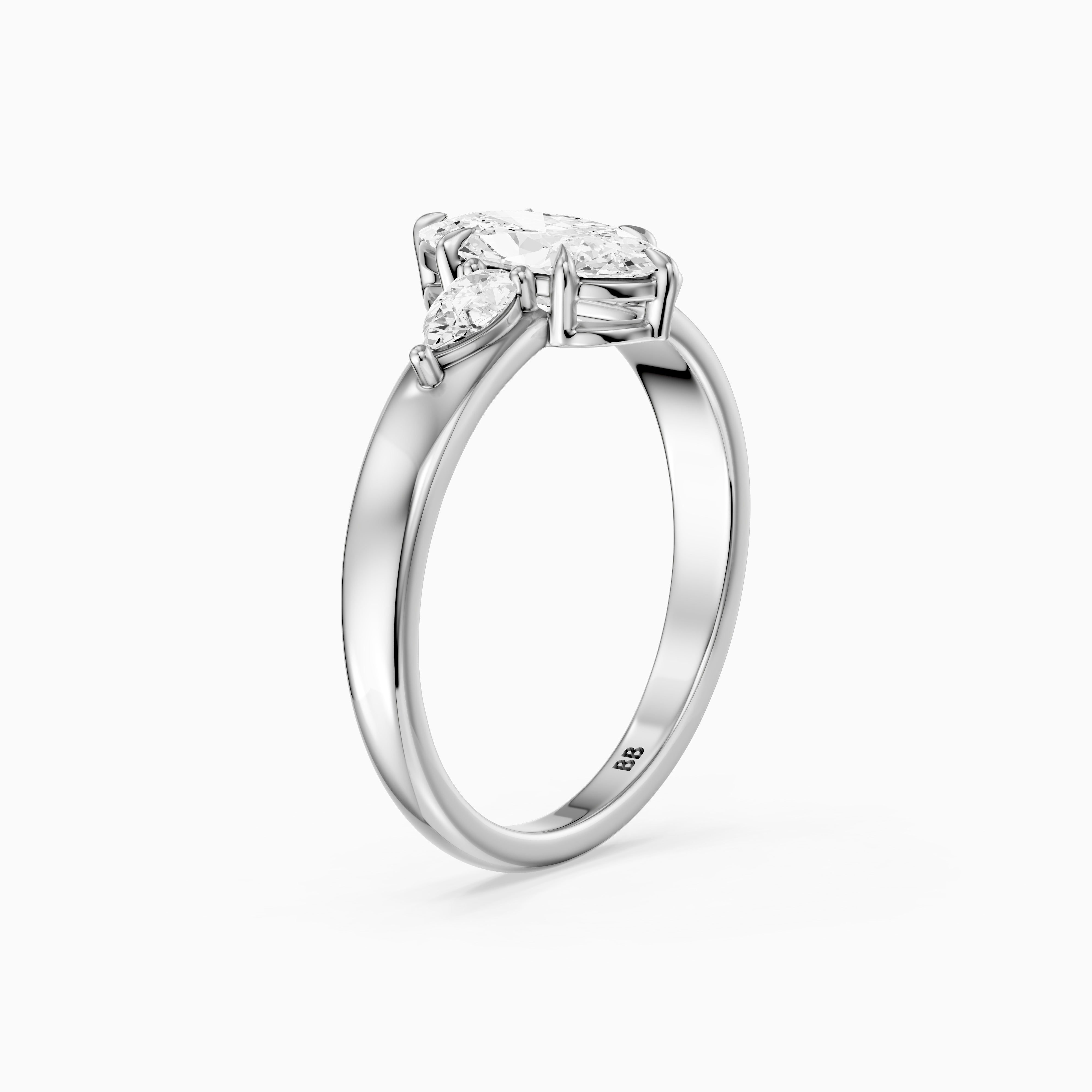 Celia Moval Moissanite Diamond Three Stone Ring with Pear Stones and Wide Tapered Band