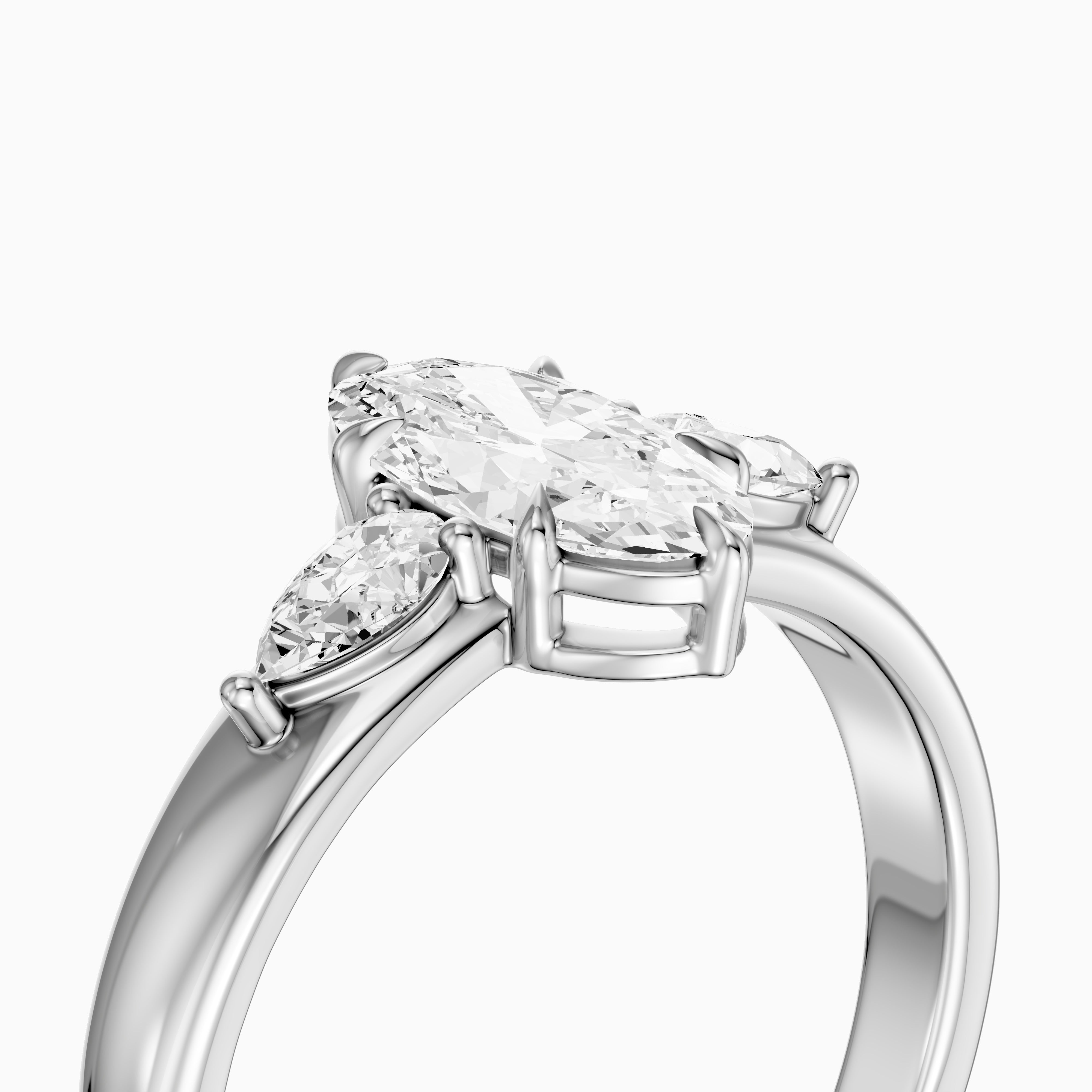 Celia Moval Moissanite Diamond Three Stone Ring with Pear Stones and Wide Tapered Band