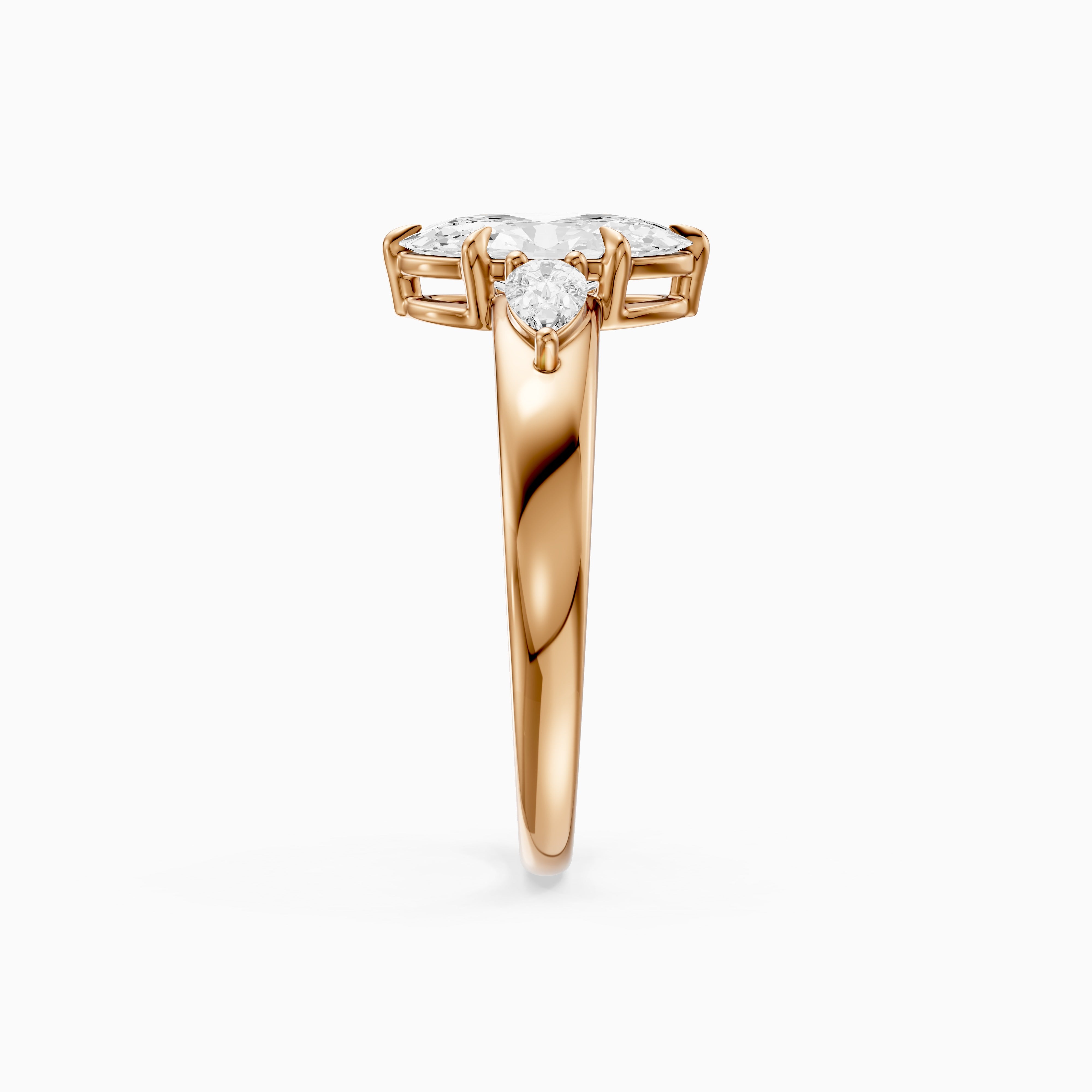 Celia Moval Moissanite Diamond Three Stone Ring with Pear Stones and Wide Tapered Band