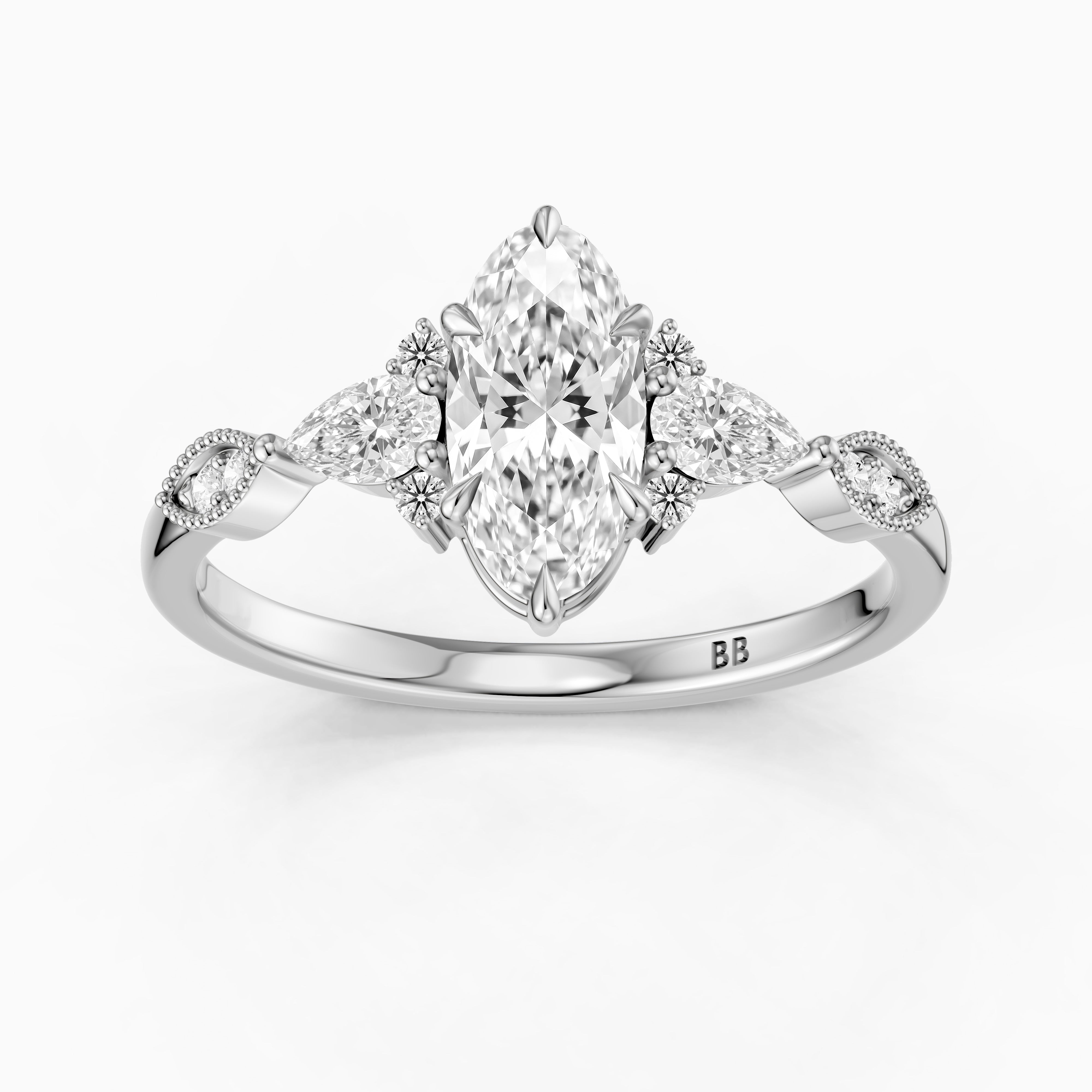 Abril Moval Moissanite Diamond Vintage Style Ring with Pear and Round Accents