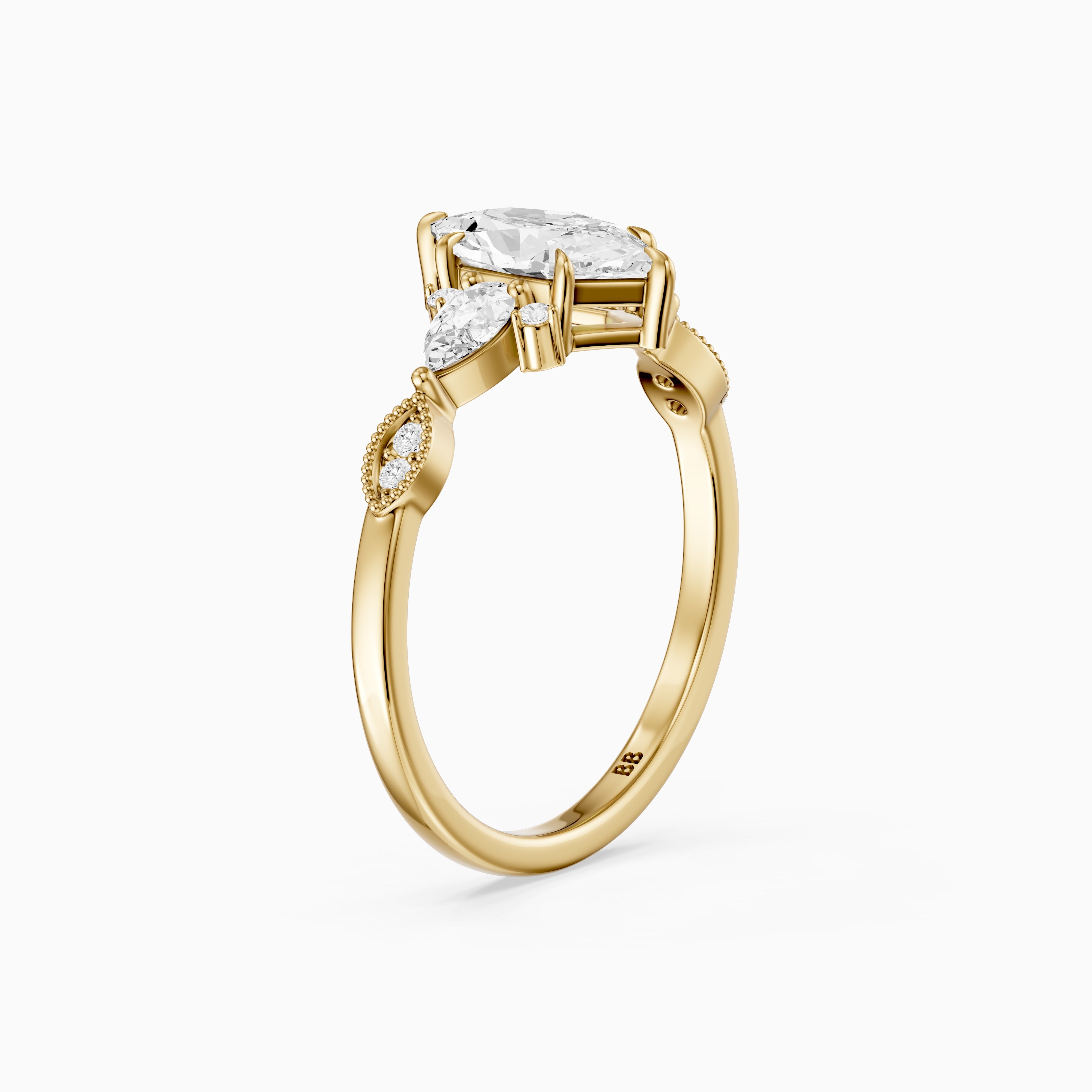 Xena Vintage Style Dutch Marquise Lab Grown Diamond Ring with Pear and Round Side Stones