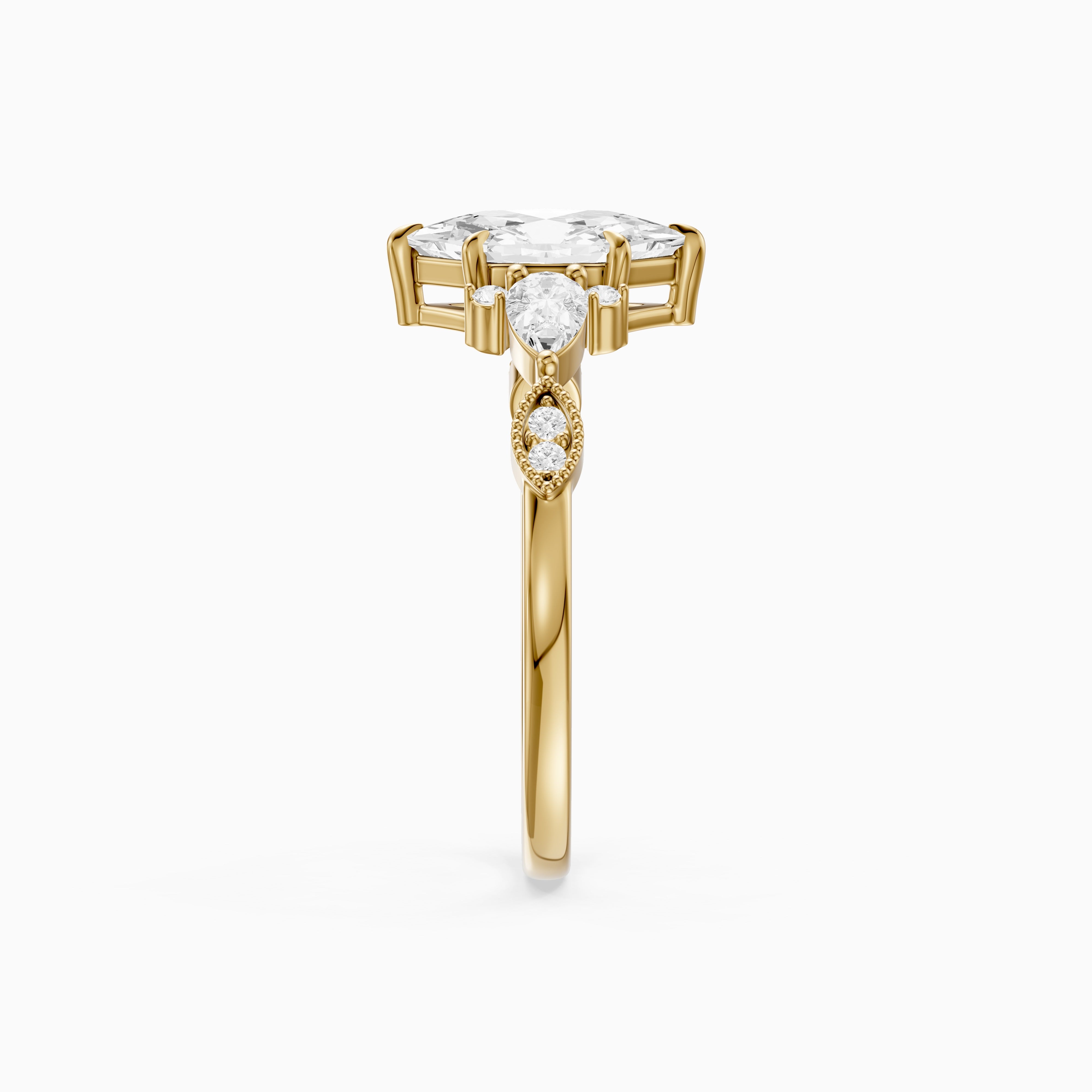 Xena Vintage Style Dutch Marquise Lab Grown Diamond Ring with Pear and Round Side Stones