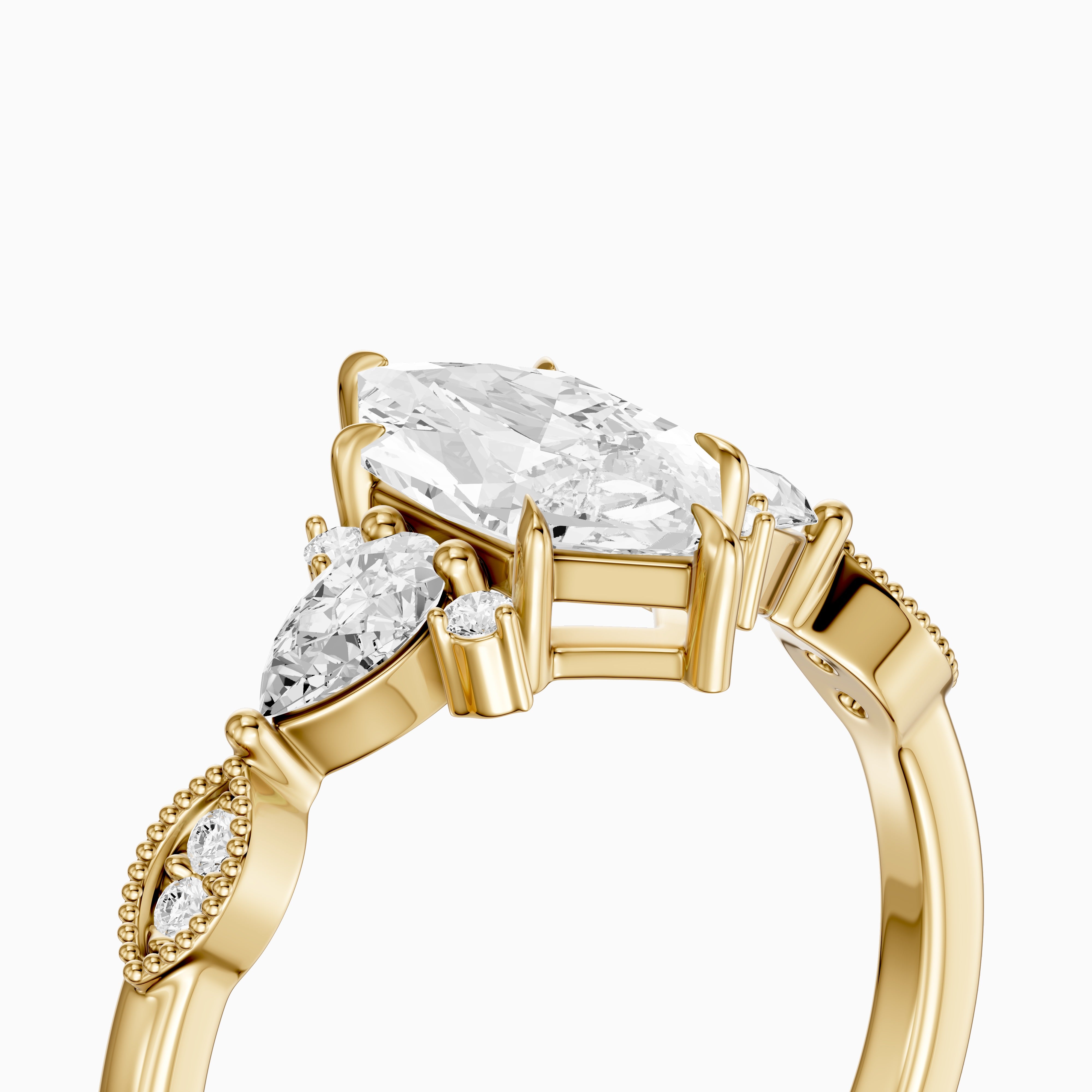 Xena Vintage Style Dutch Marquise Lab Grown Diamond Ring with Pear and Round Side Stones