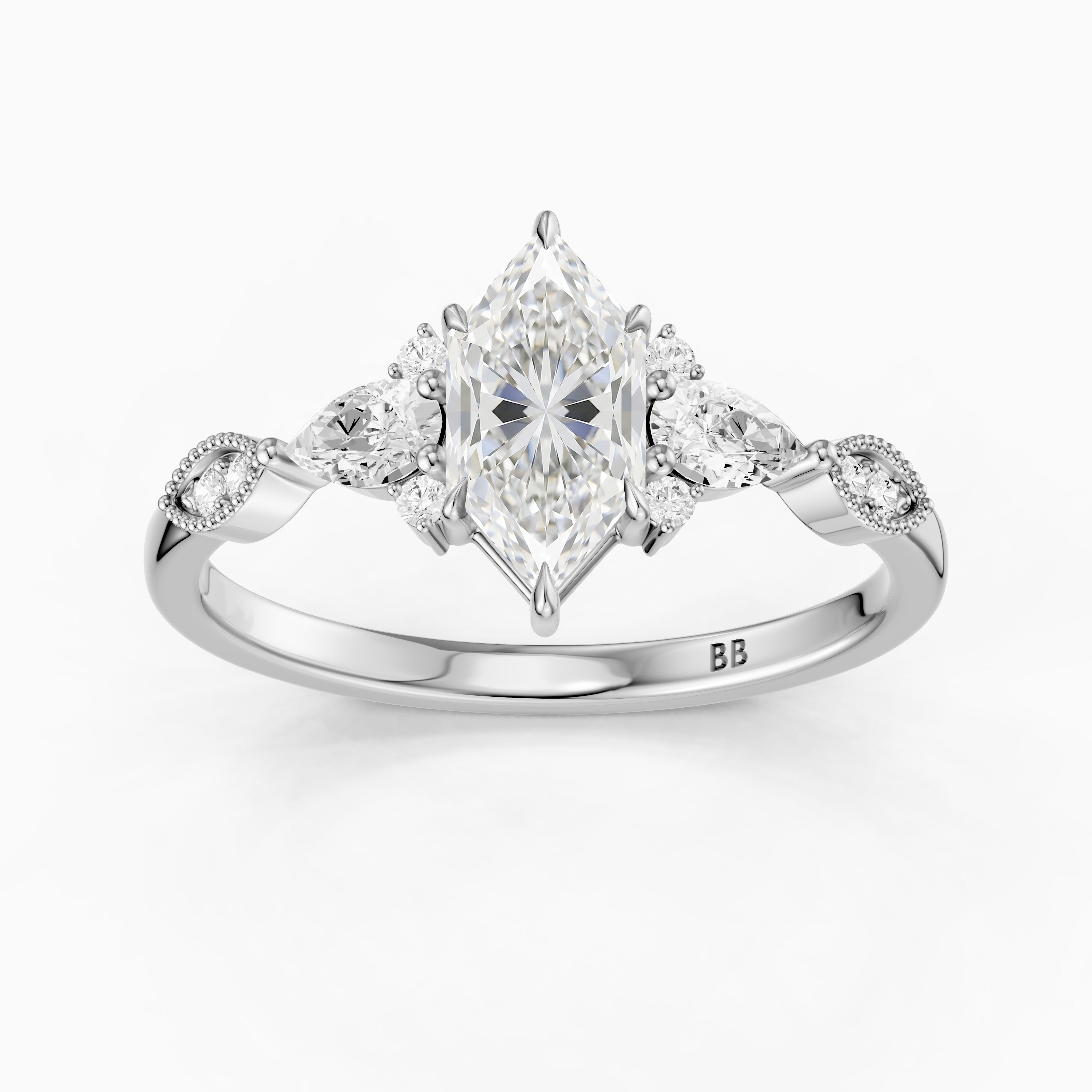 Xena Vintage Style Dutch Marquise Lab Grown Diamond Ring with Pear and Round Side Stones