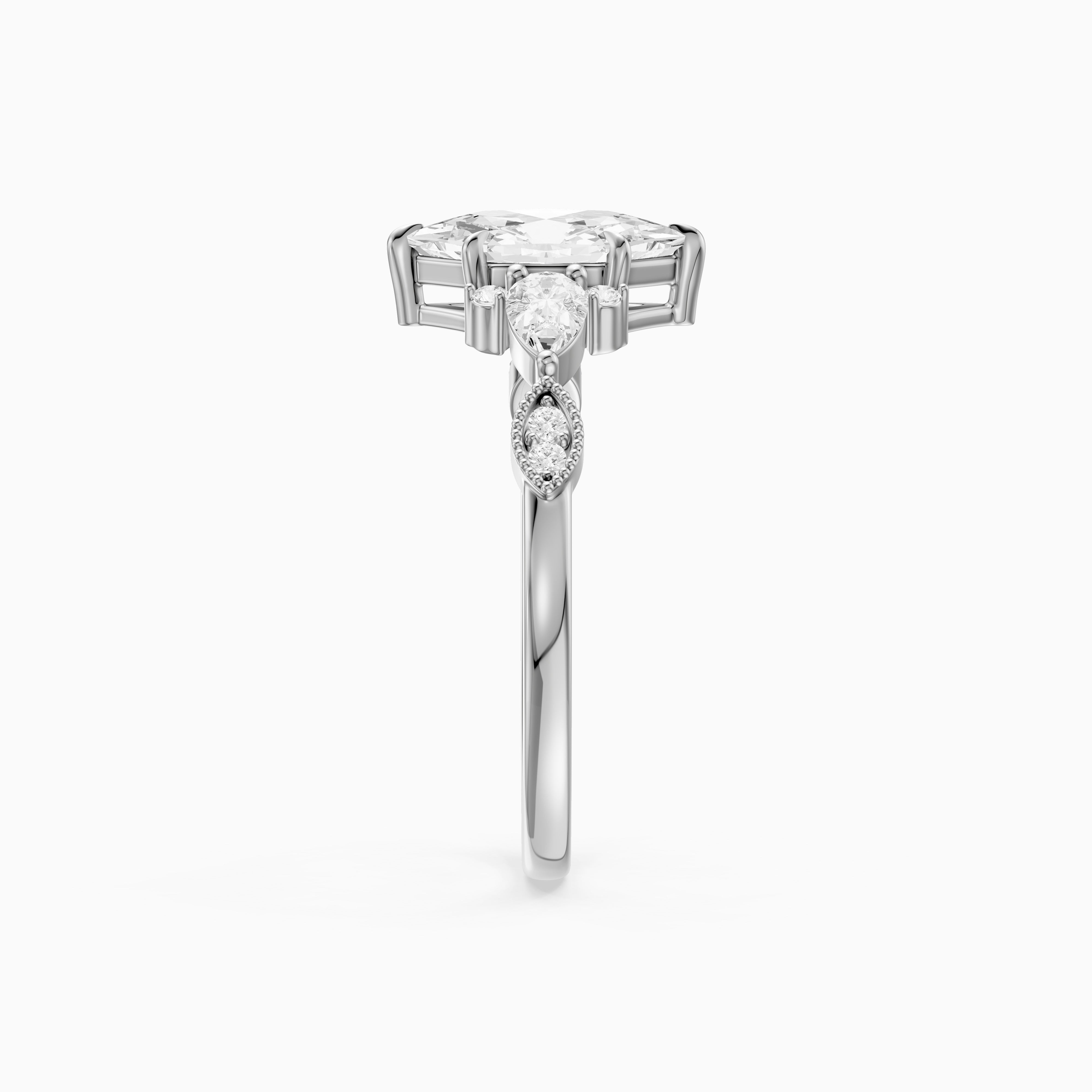 Xena Vintage Style Dutch Marquise Lab Grown Diamond Ring with Pear and Round Side Stones