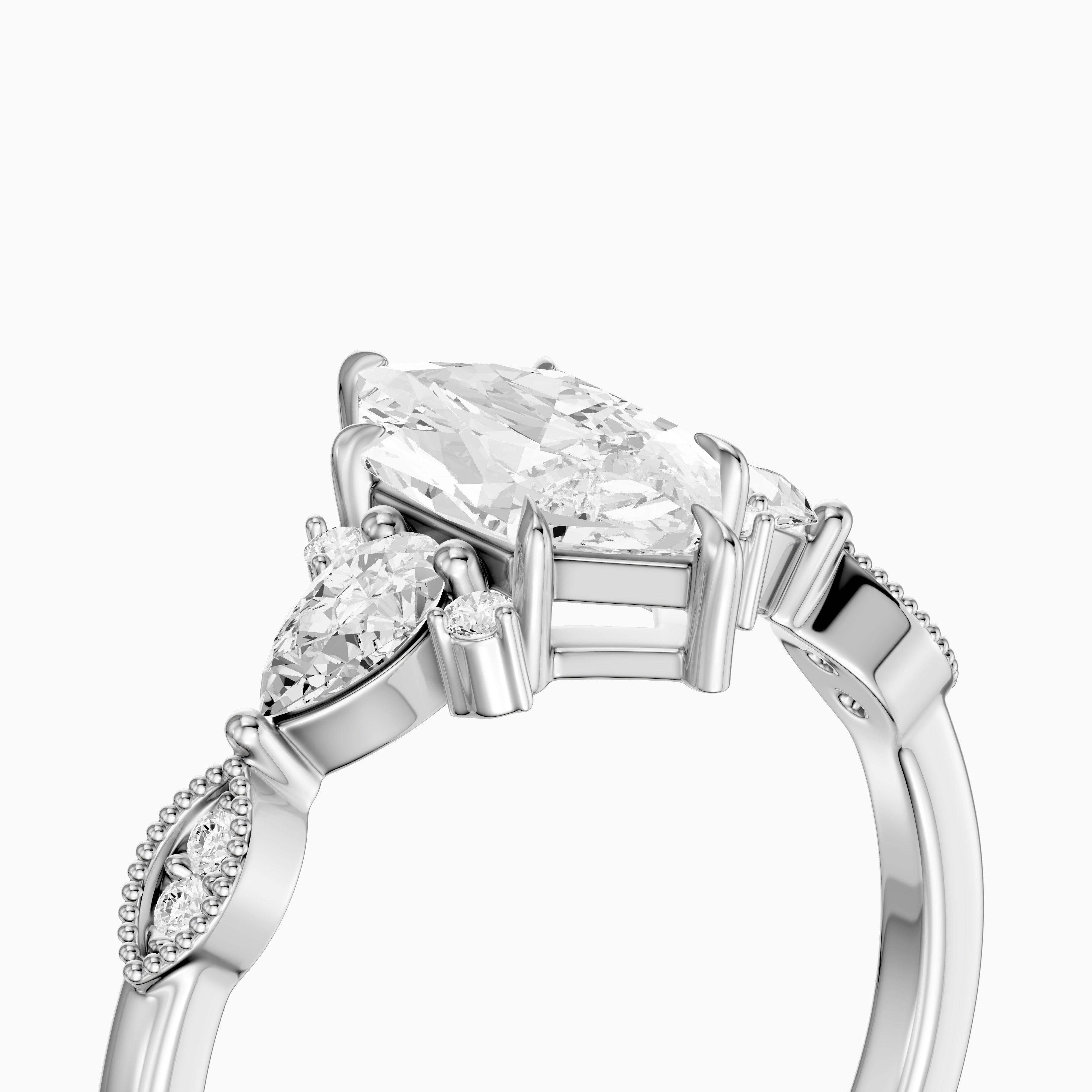 Xena Vintage Style Dutch Marquise Lab Grown Diamond Ring with Pear and Round Side Stones