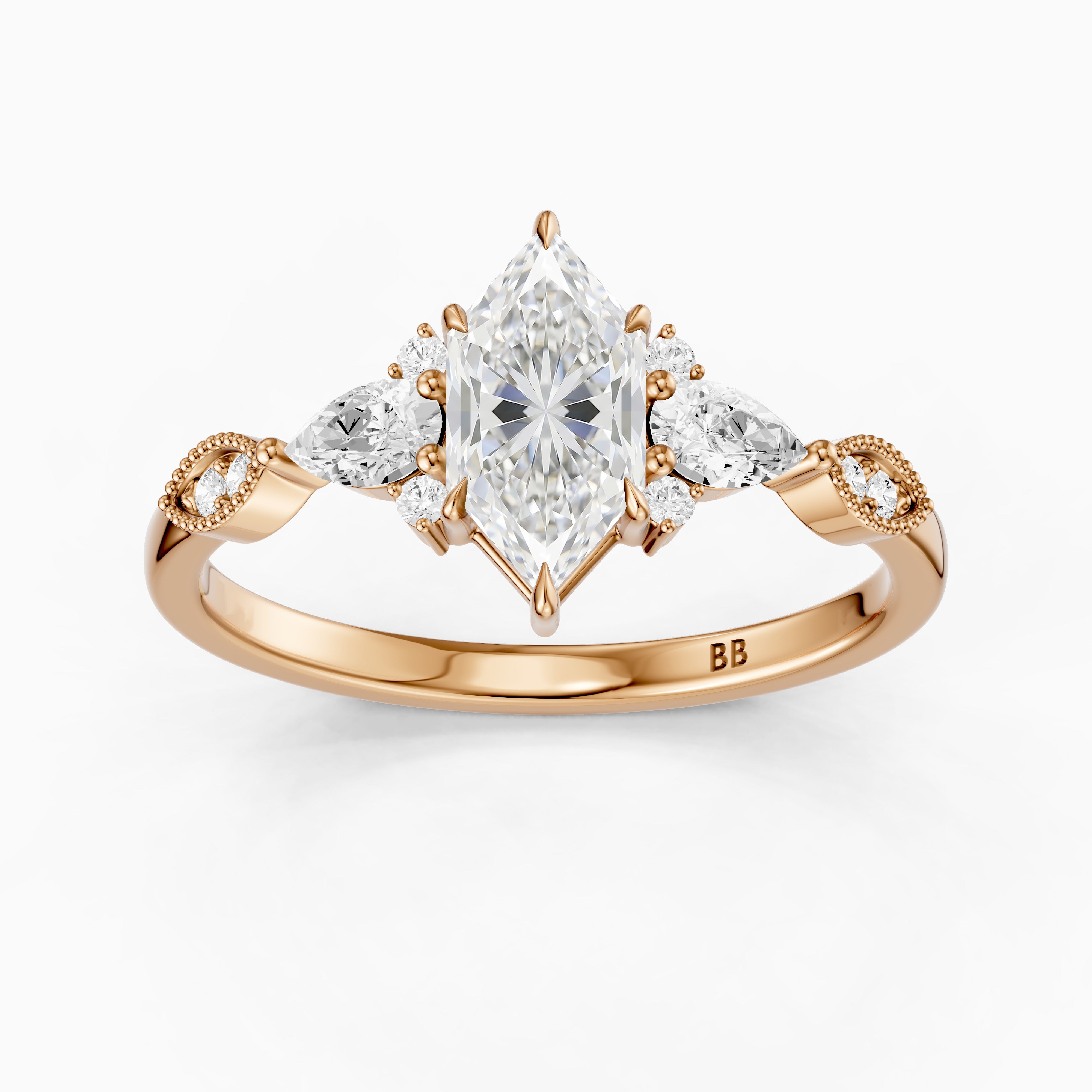 Xena Vintage Style Dutch Marquise Lab Grown Diamond Ring with Pear and Round Side Stones