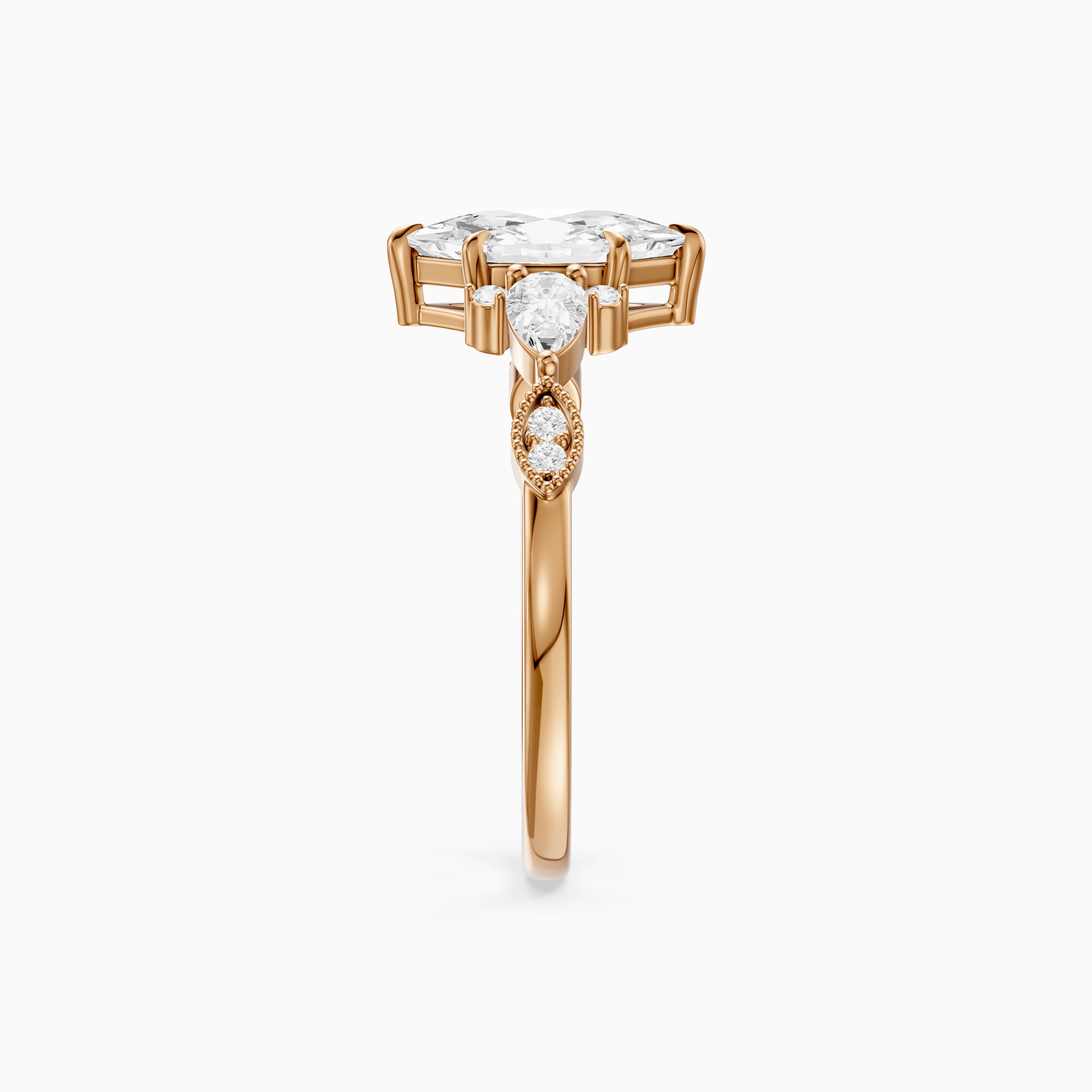 Xena Vintage Style Dutch Marquise Lab Grown Diamond Ring with Pear and Round Side Stones