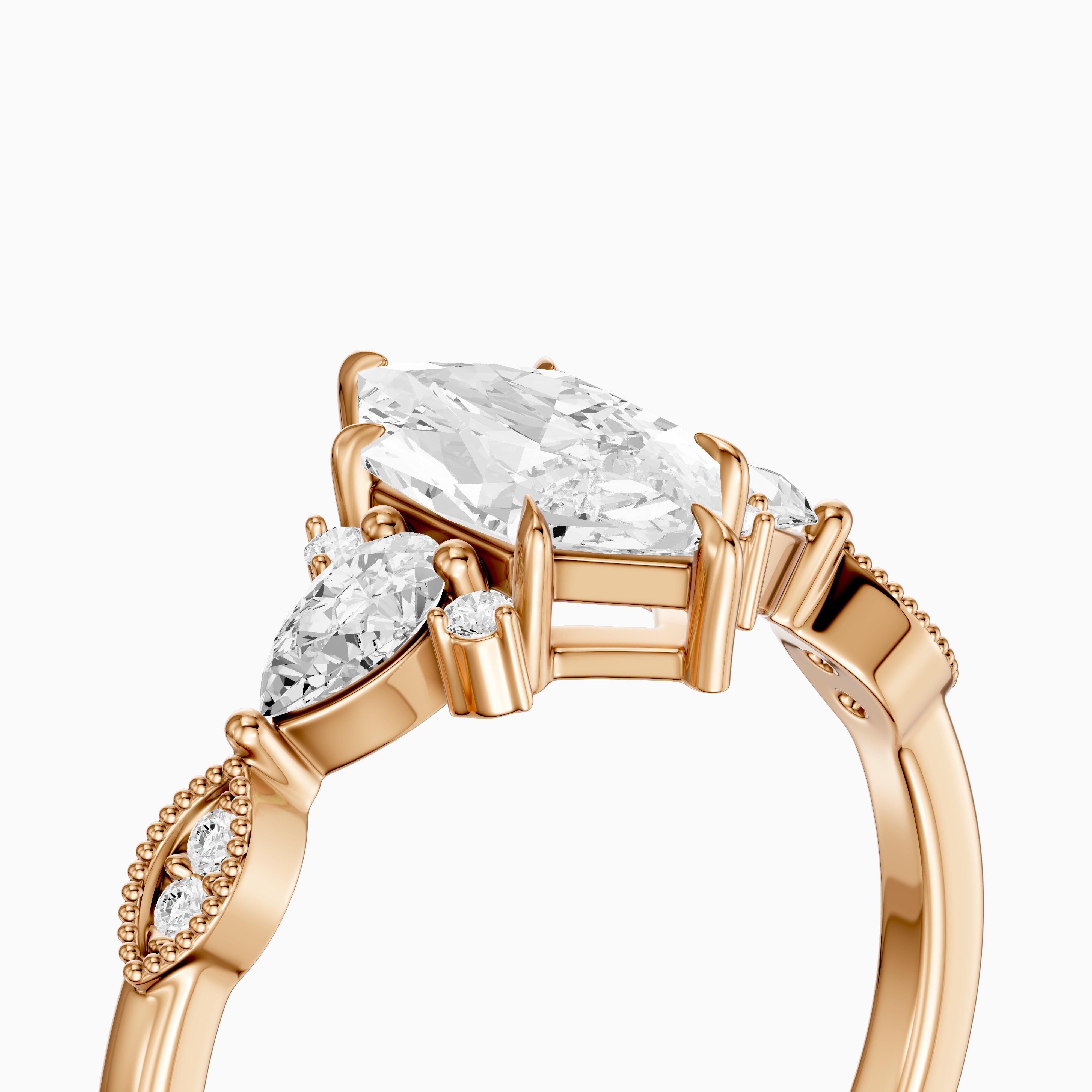Xena Vintage Style Dutch Marquise Lab Grown Diamond Ring with Pear and Round Side Stones