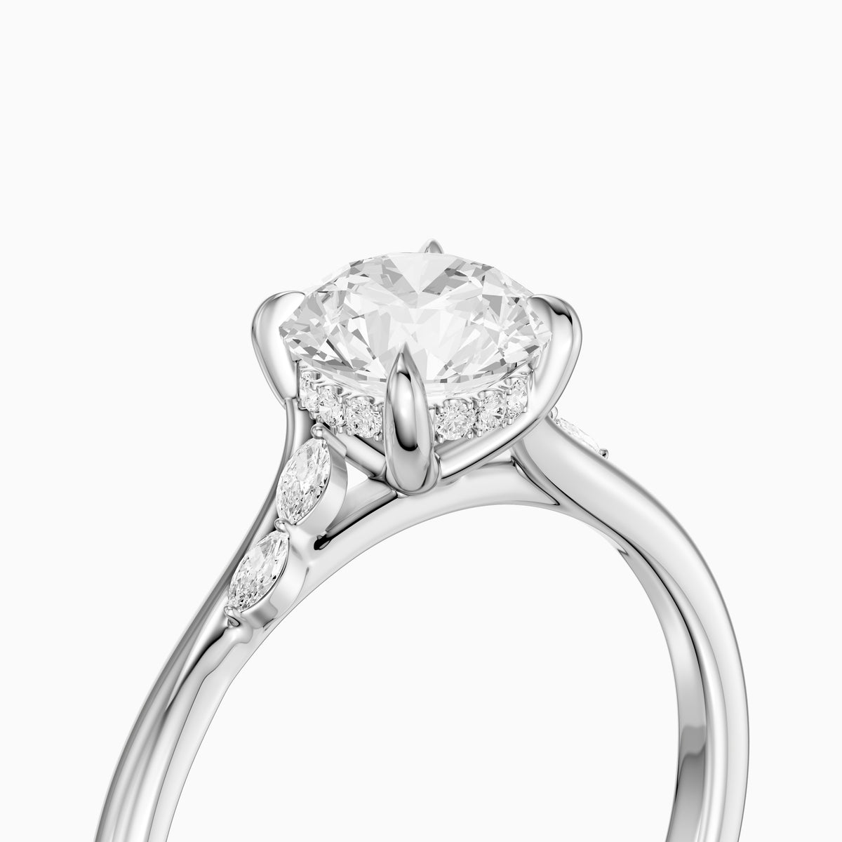 Arin Round Hidden Halo Side Marquise Moissanite Diamond Ring