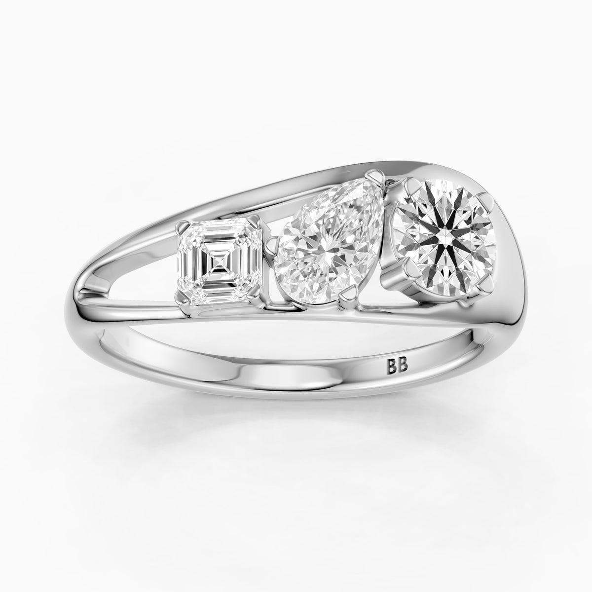 Zena Round Three Stone Bypass Moissanite Diamond Engagement Ring