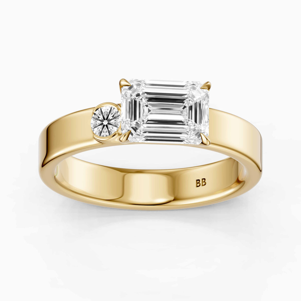 Rumi Emerald Cut Round Side Stone Lab Grown Diamond Engagement Ring
