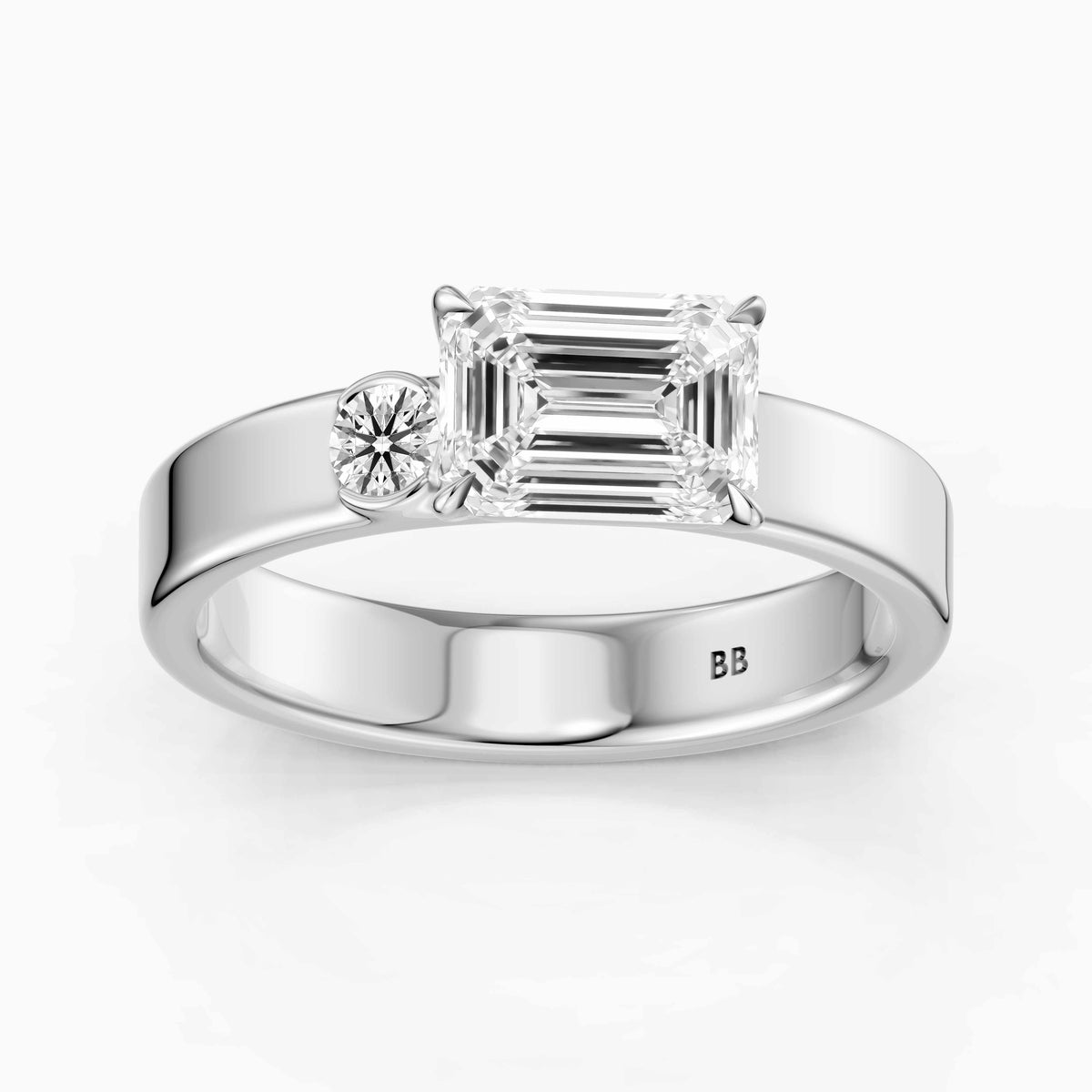 Rumi Emerald Cut Round Side Stone Lab Grown Diamond Engagement Ring