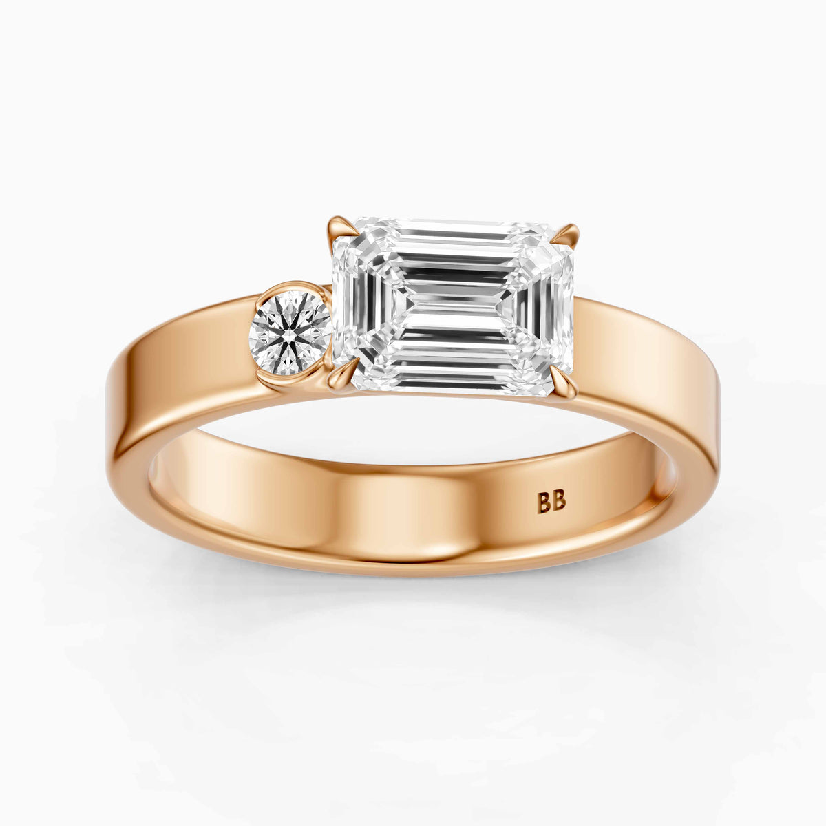 Rumi Emerald Cut Round Side Stone Lab Grown Diamond Engagement Ring